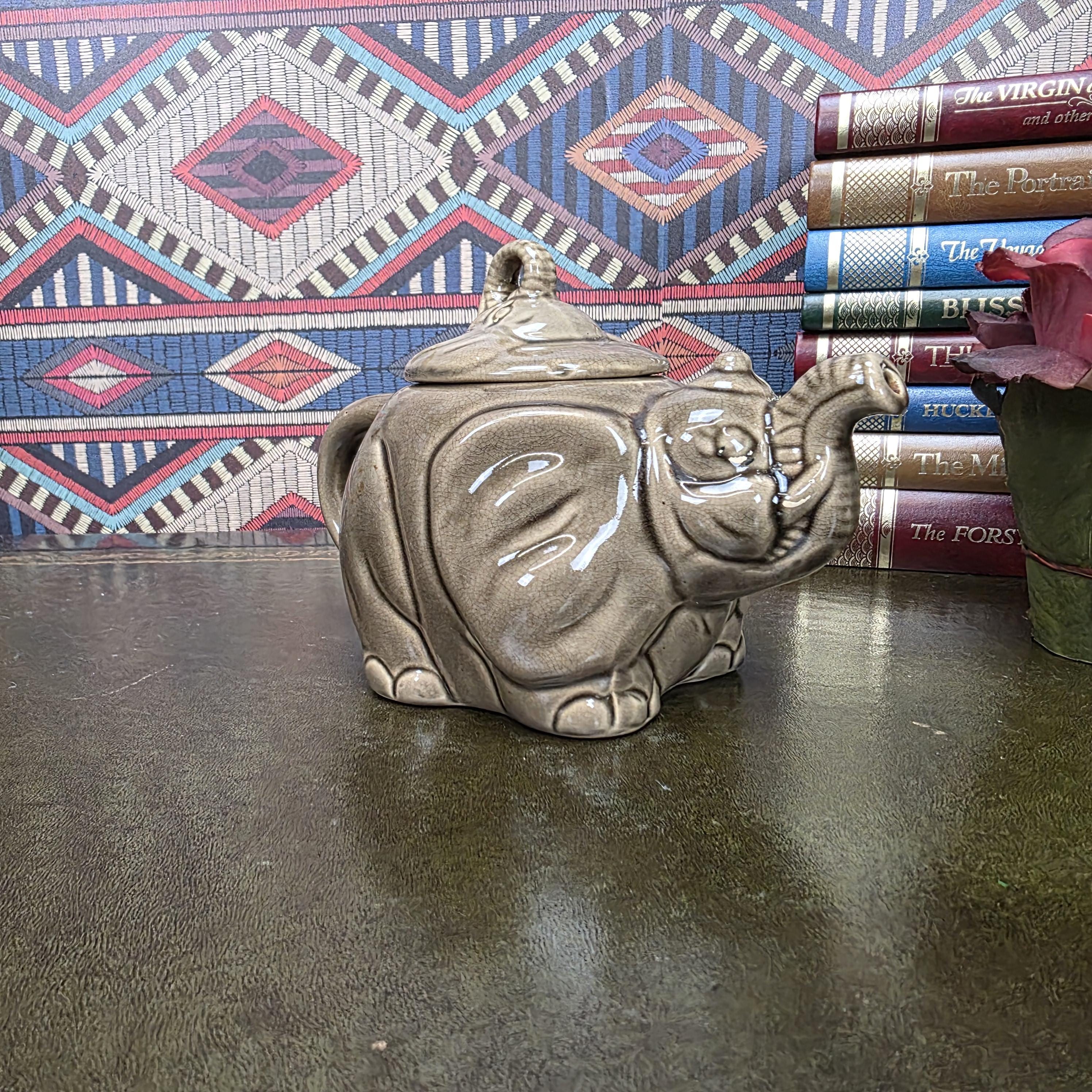 Vintage Ceramic Elephant Teapot Grey Animal Figurine Safari Decor Collectible Pottery Piece
