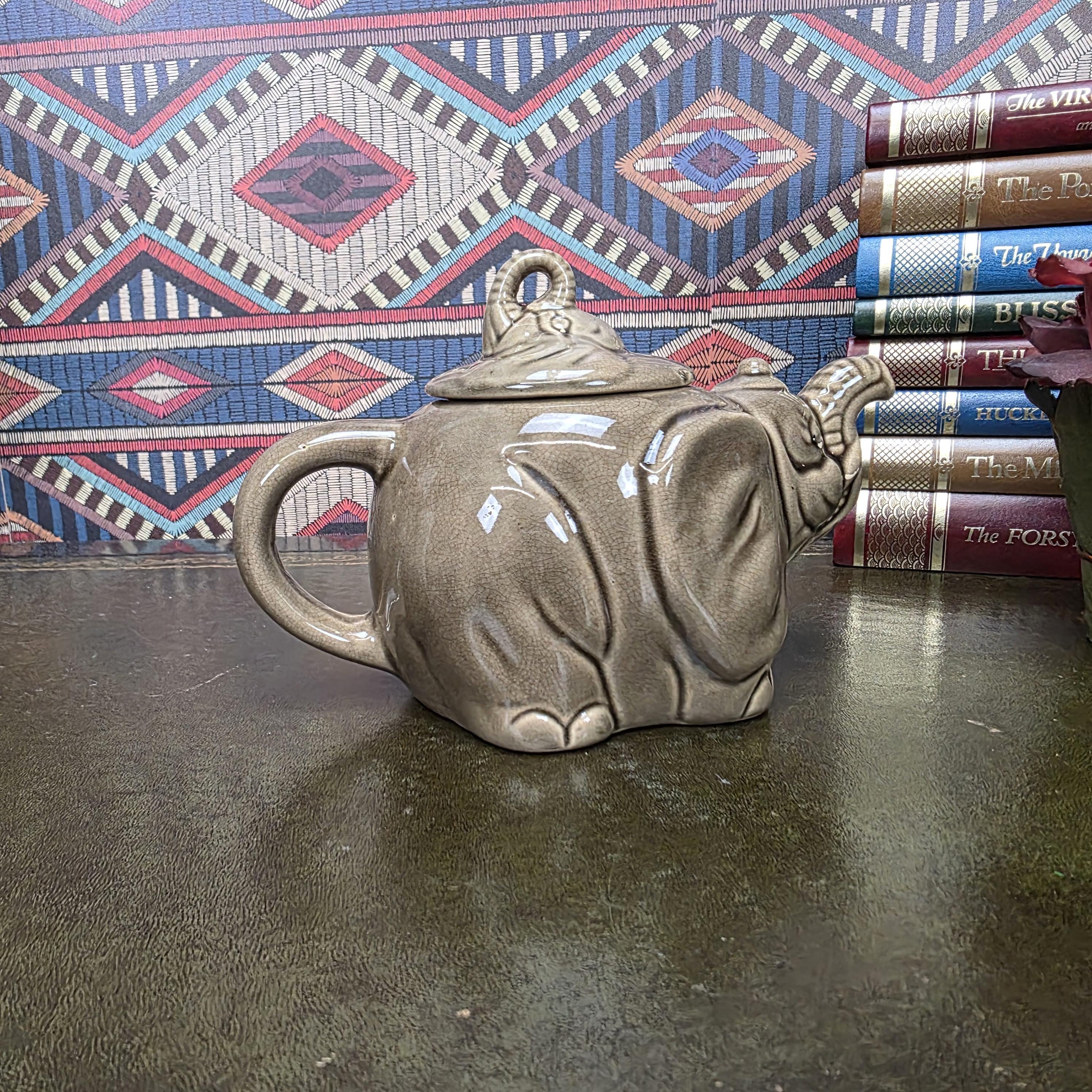 Vintage Ceramic Elephant Teapot Grey Animal Figurine Safari Decor Collectible Pottery Piece