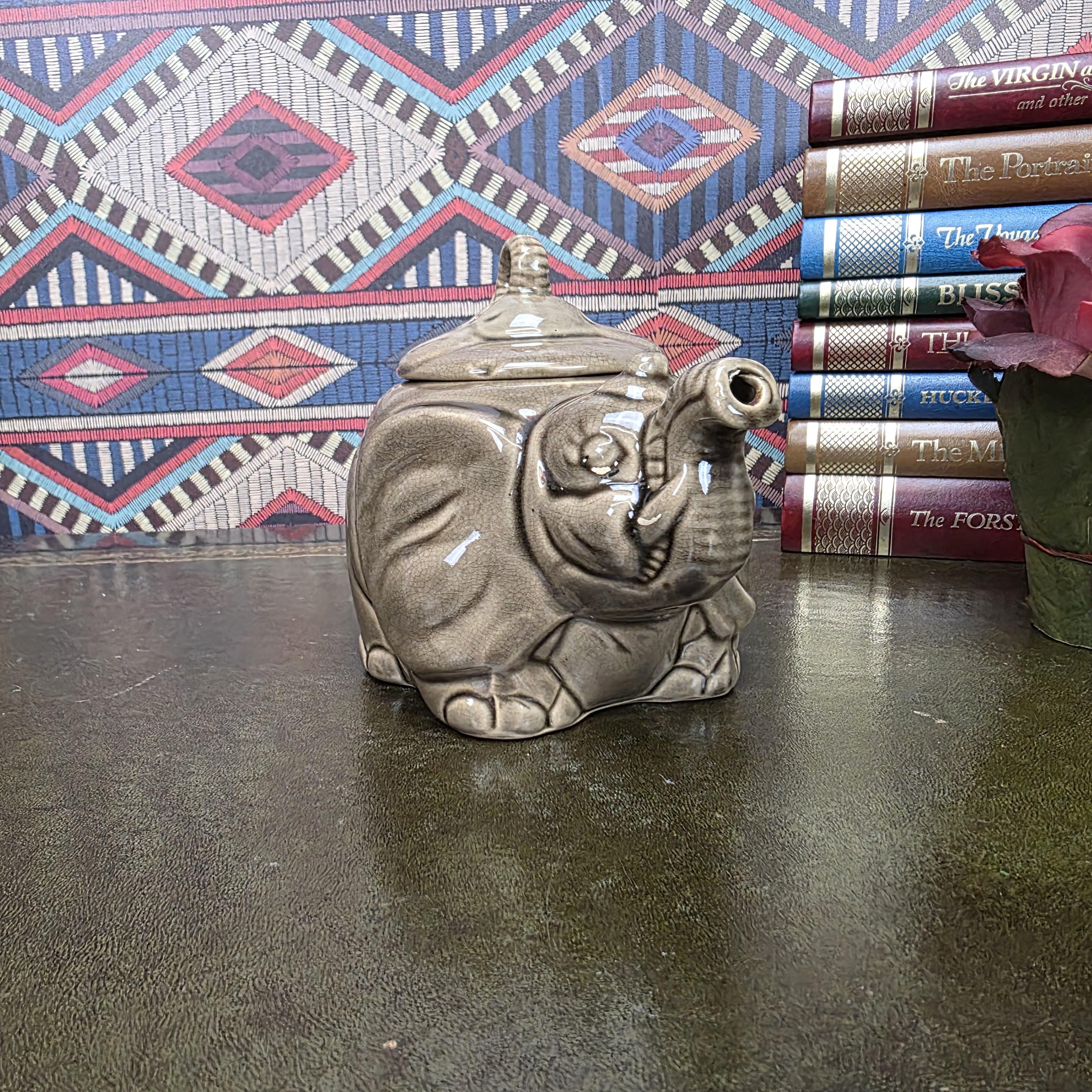 Vintage Ceramic Elephant Teapot Grey Animal Figurine Safari Decor Collectible Pottery Piece