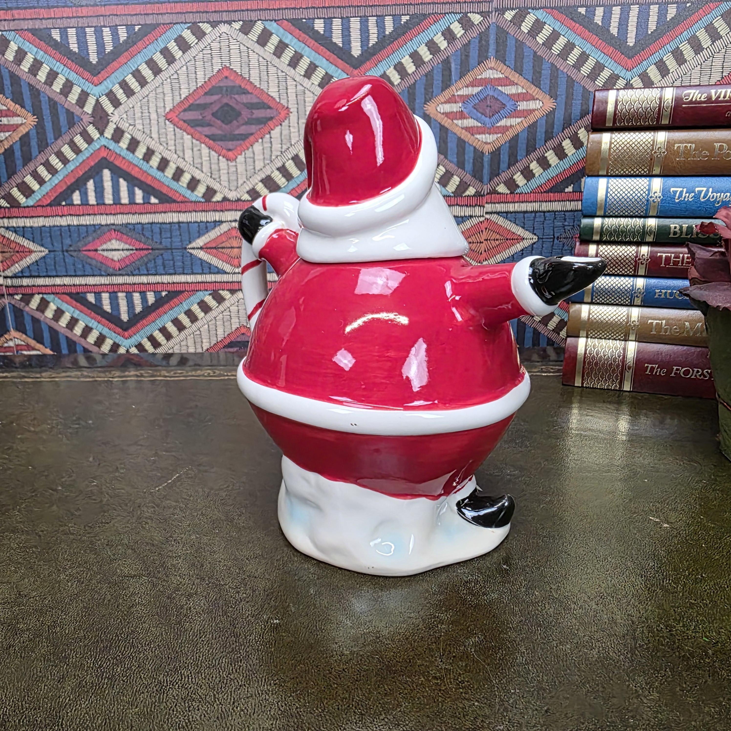 Vintage Santa Teapot Ceramic Christmas Teapot Candy Cane Handle Holiday Serving Pot Figurine Style
