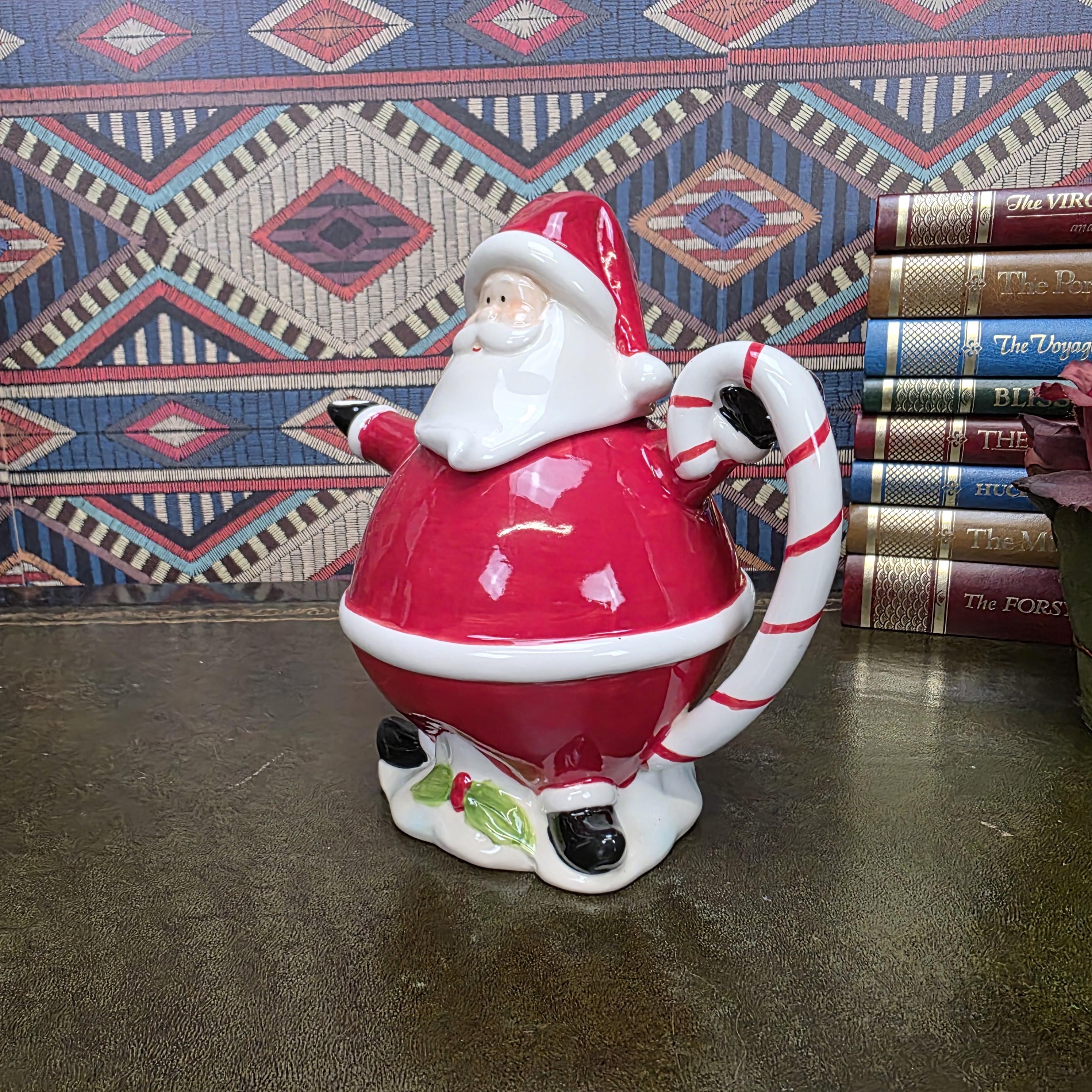 Vintage Santa Teapot Ceramic Christmas Teapot Candy Cane Handle Holiday Serving Pot Figurine Style