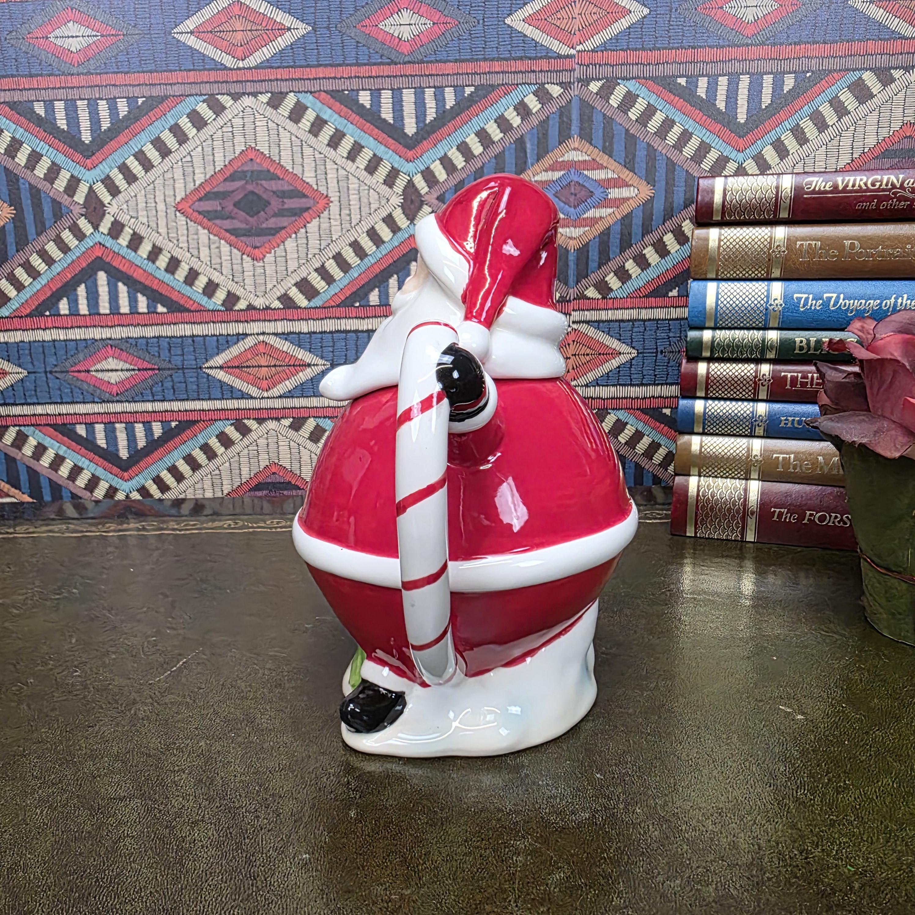 Vintage Santa Teapot Ceramic Christmas Teapot Candy Cane Handle Holiday Serving Pot Figurine Style