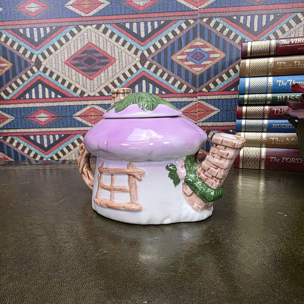 Vintage Cottage Teapot Mushroom House Ceramic Fairy Cottagecore Kitchen Decor Figural Collectible