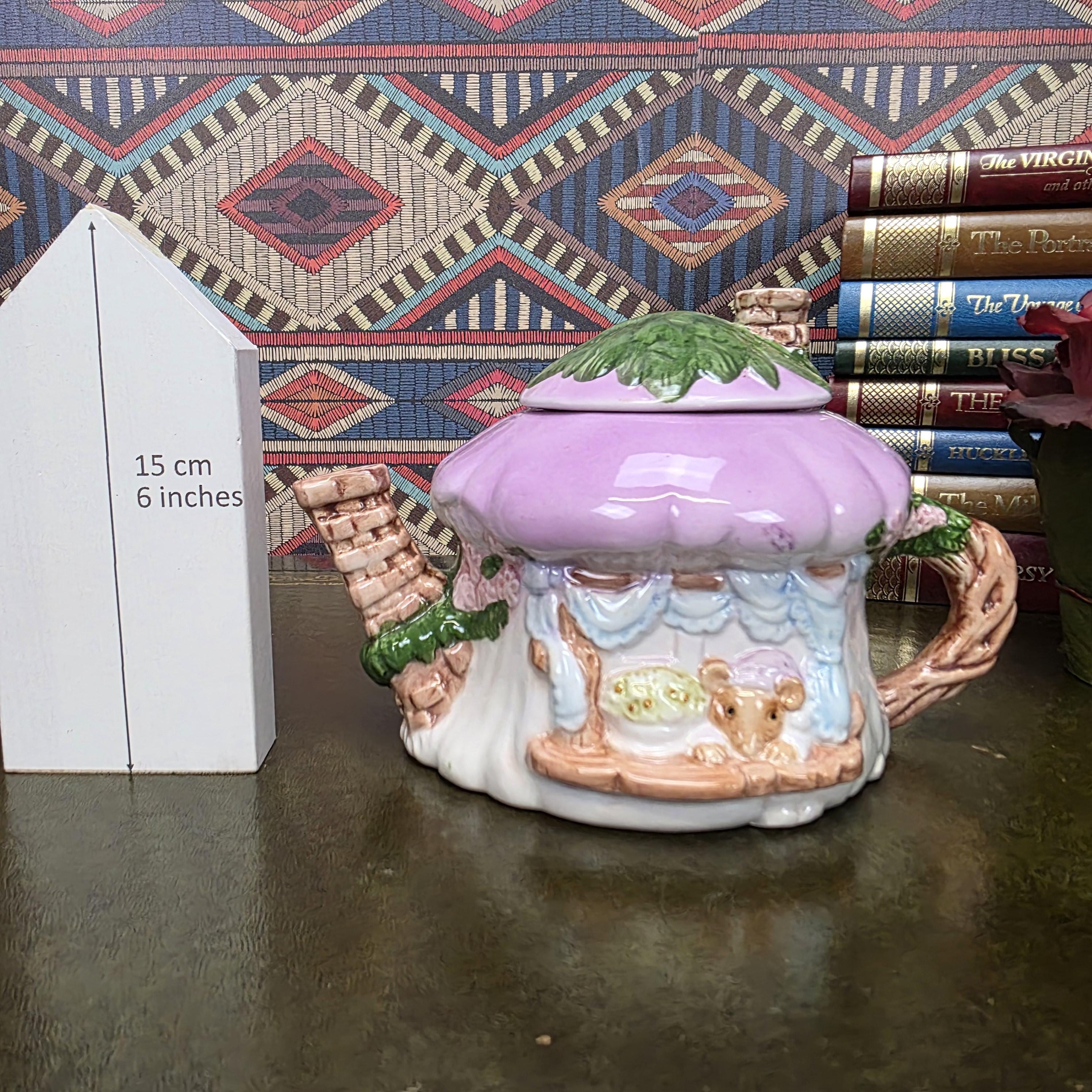 Vintage Cottage Teapot Mushroom House Ceramic Fairy Cottagecore Kitchen Decor Figural Collectible