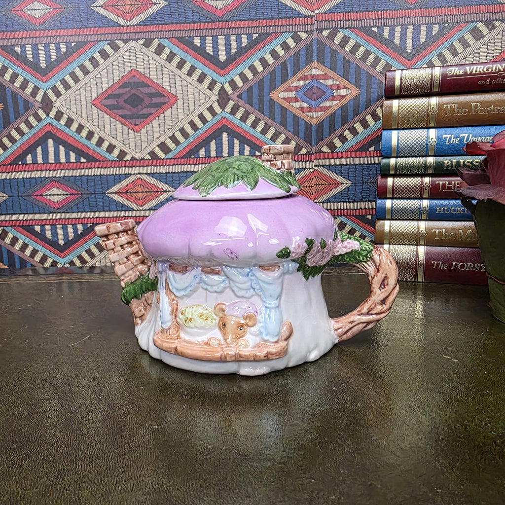 Vintage Cottage Teapot Mushroom House Ceramic Fairy Cottagecore Kitchen Decor Figural Collectible