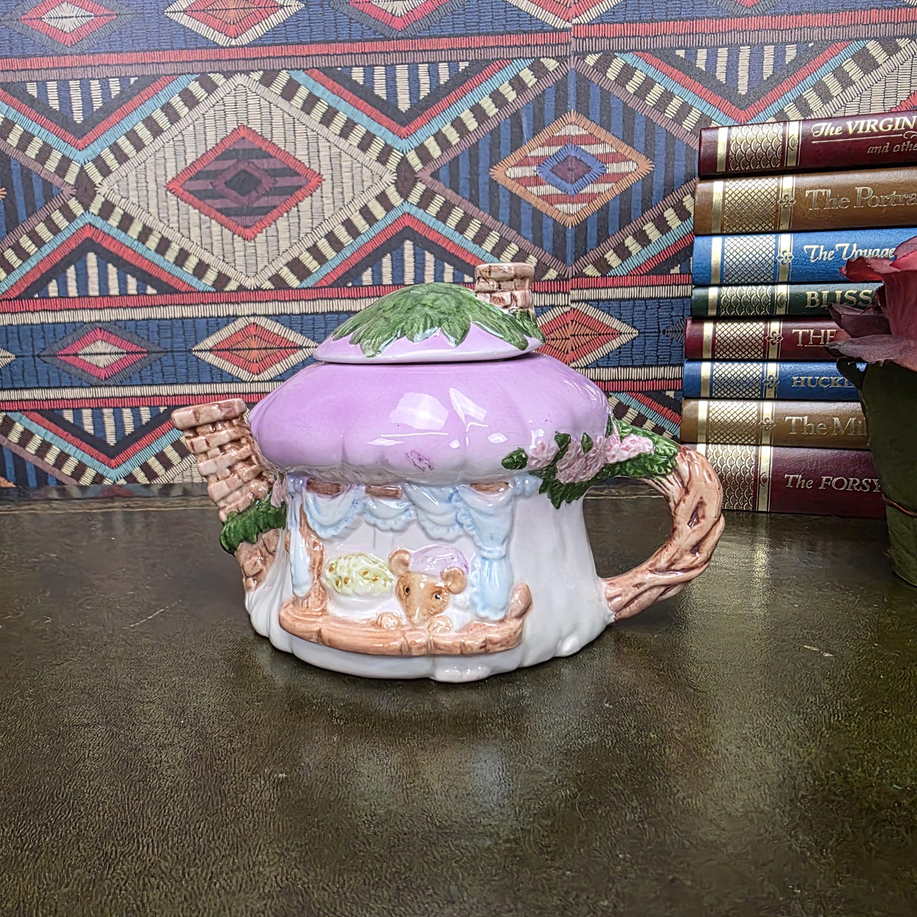 Vintage Cottage Teapot Mushroom House Ceramic Fairy Cottagecore Kitchen Decor Figural Collectible