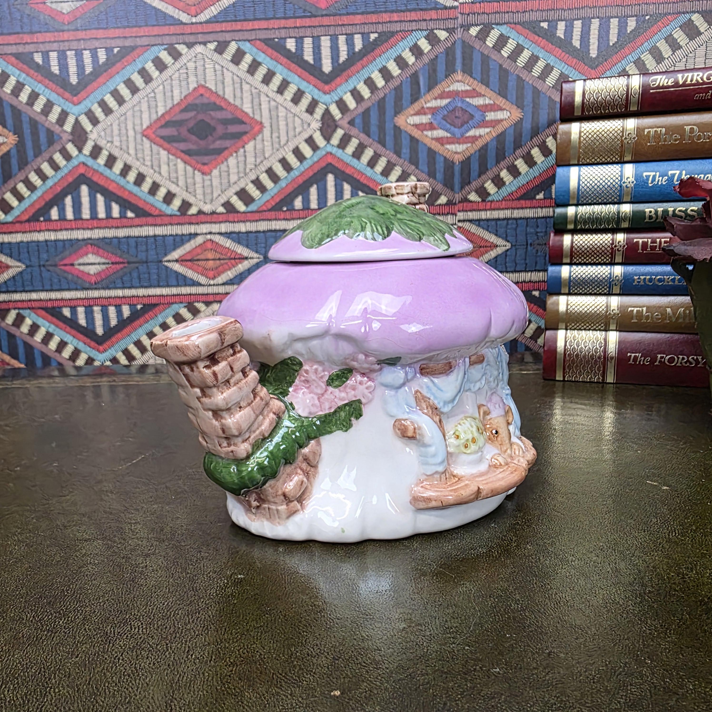 Vintage Cottage Teapot Mushroom House Ceramic Fairy Cottagecore Kitchen Decor Figural Collectible