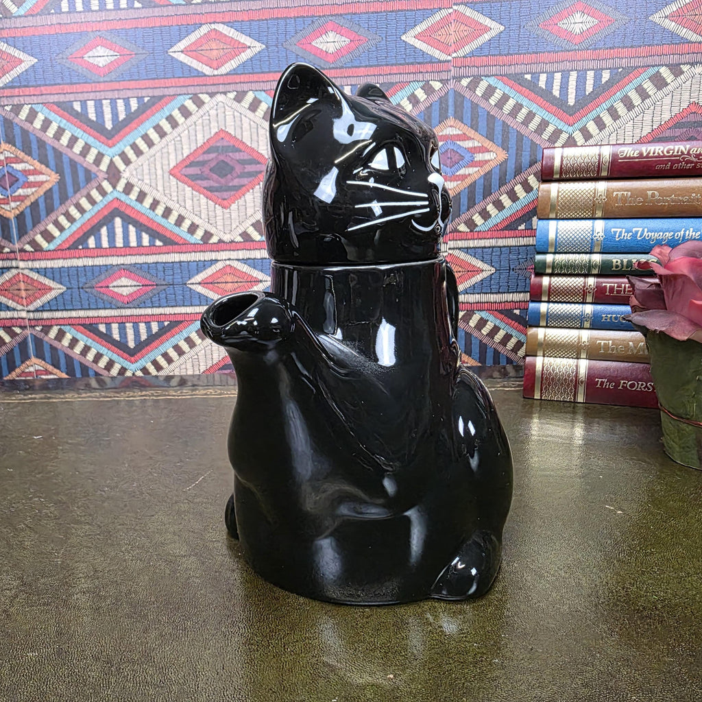 Vintage Black Cat Teapot Ceramic Figural Cat Coffee Pot Halloween Gothic Kitchen Decor Collectible