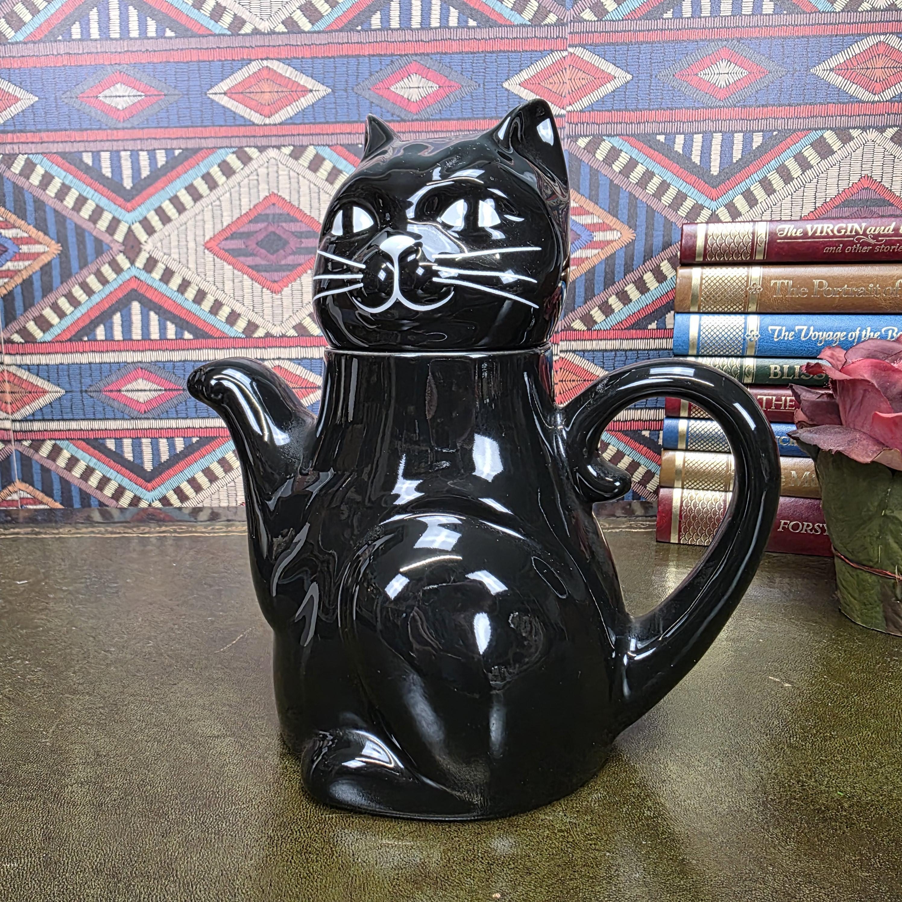 Vintage Black Cat Teapot Ceramic Figural Cat Coffee Pot Halloween Gothic Kitchen Decor Collectible