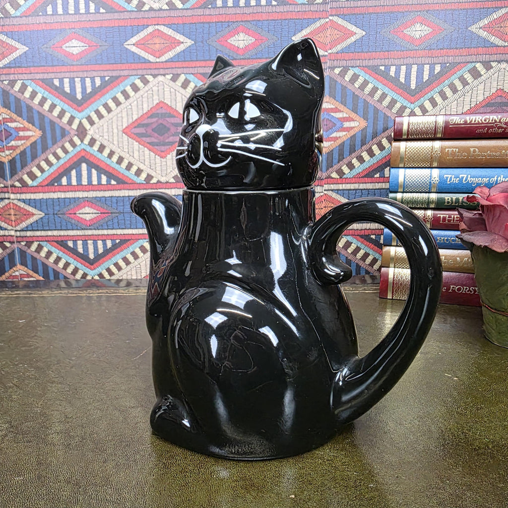 Vintage Black Cat Teapot Ceramic Figural Cat Coffee Pot Halloween Gothic Kitchen Decor Collectible