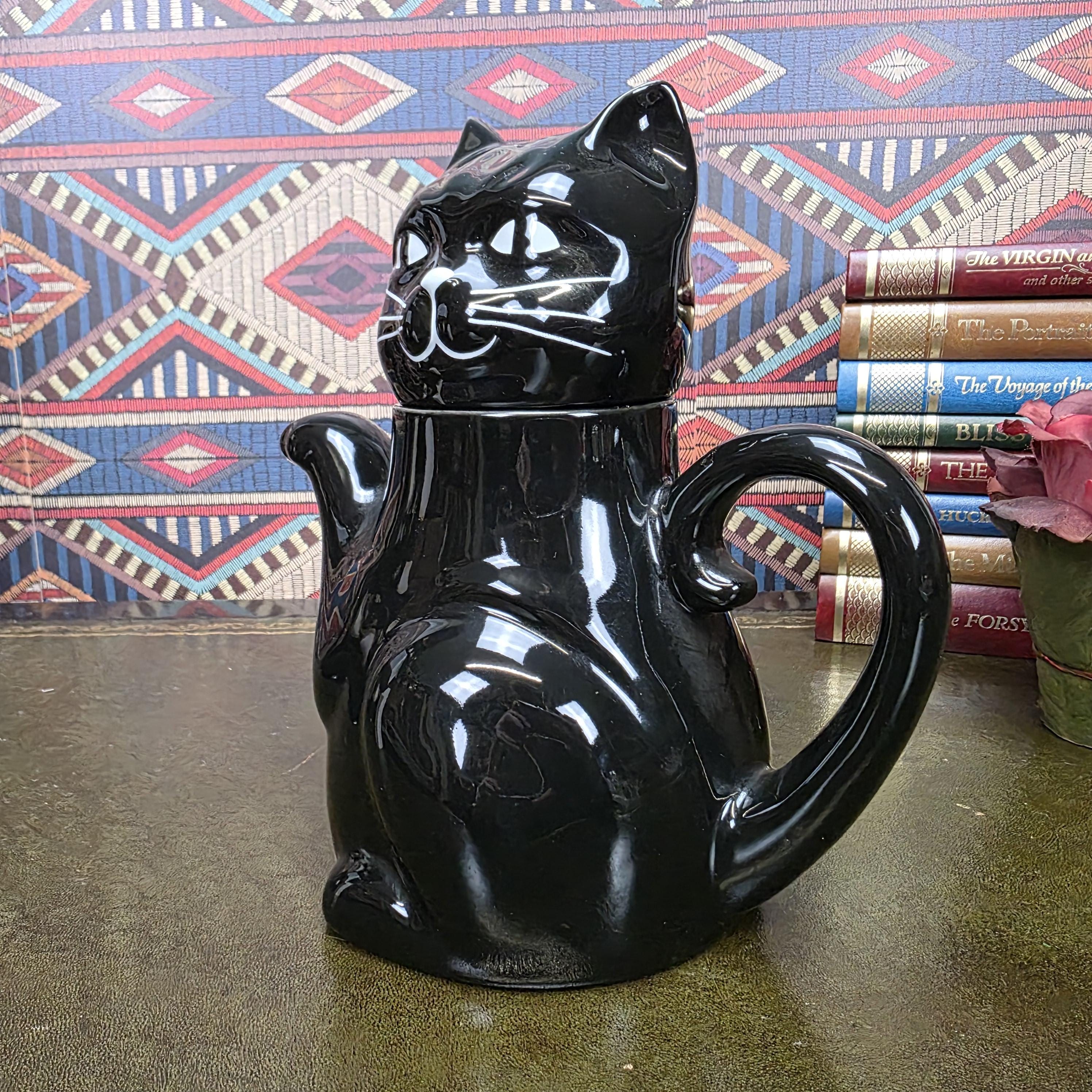 Vintage Black Cat Teapot Ceramic Figural Cat Coffee Pot Halloween Gothic Kitchen Decor Collectible