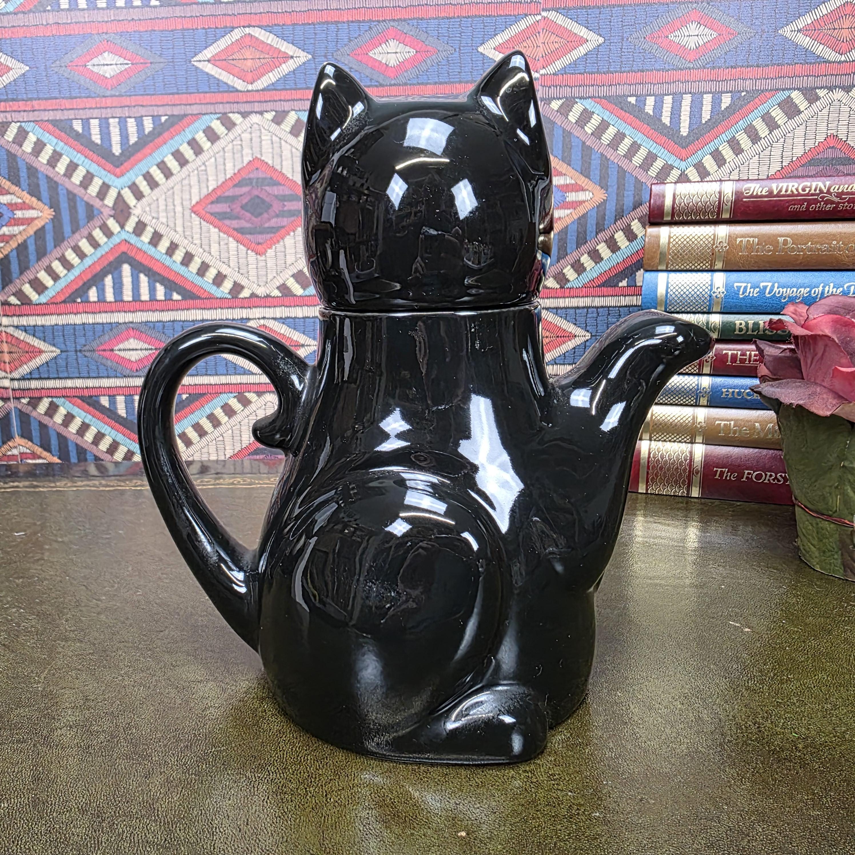 Vintage Black Cat Teapot Ceramic Figural Cat Coffee Pot Halloween Gothic Kitchen Decor Collectible