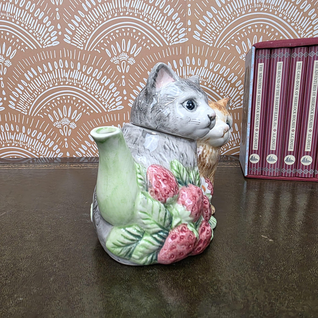 Vintage Ceramic Cat Teapot Strawberry Design Kittens Animal Cottagecore Kitchen Decor Collectible Piece