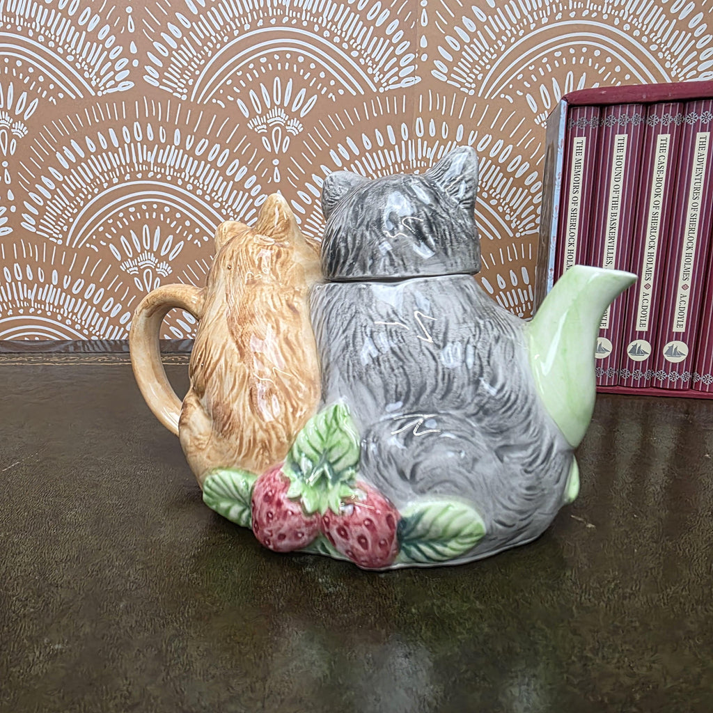 Vintage Ceramic Cat Teapot Strawberry Design Kittens Animal Cottagecore Kitchen Decor Collectible Piece