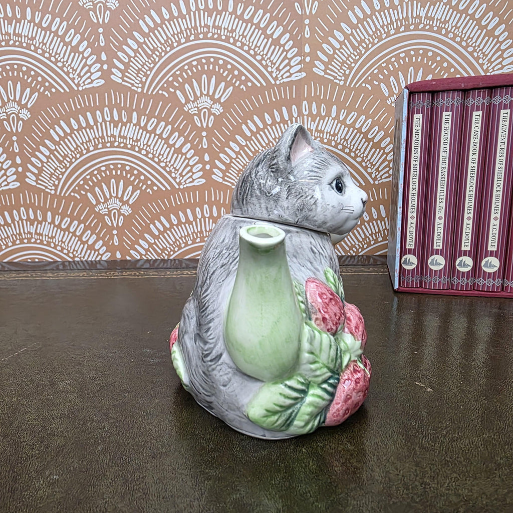 Vintage Ceramic Cat Teapot Strawberry Design Kittens Animal Cottagecore Kitchen Decor Collectible Piece