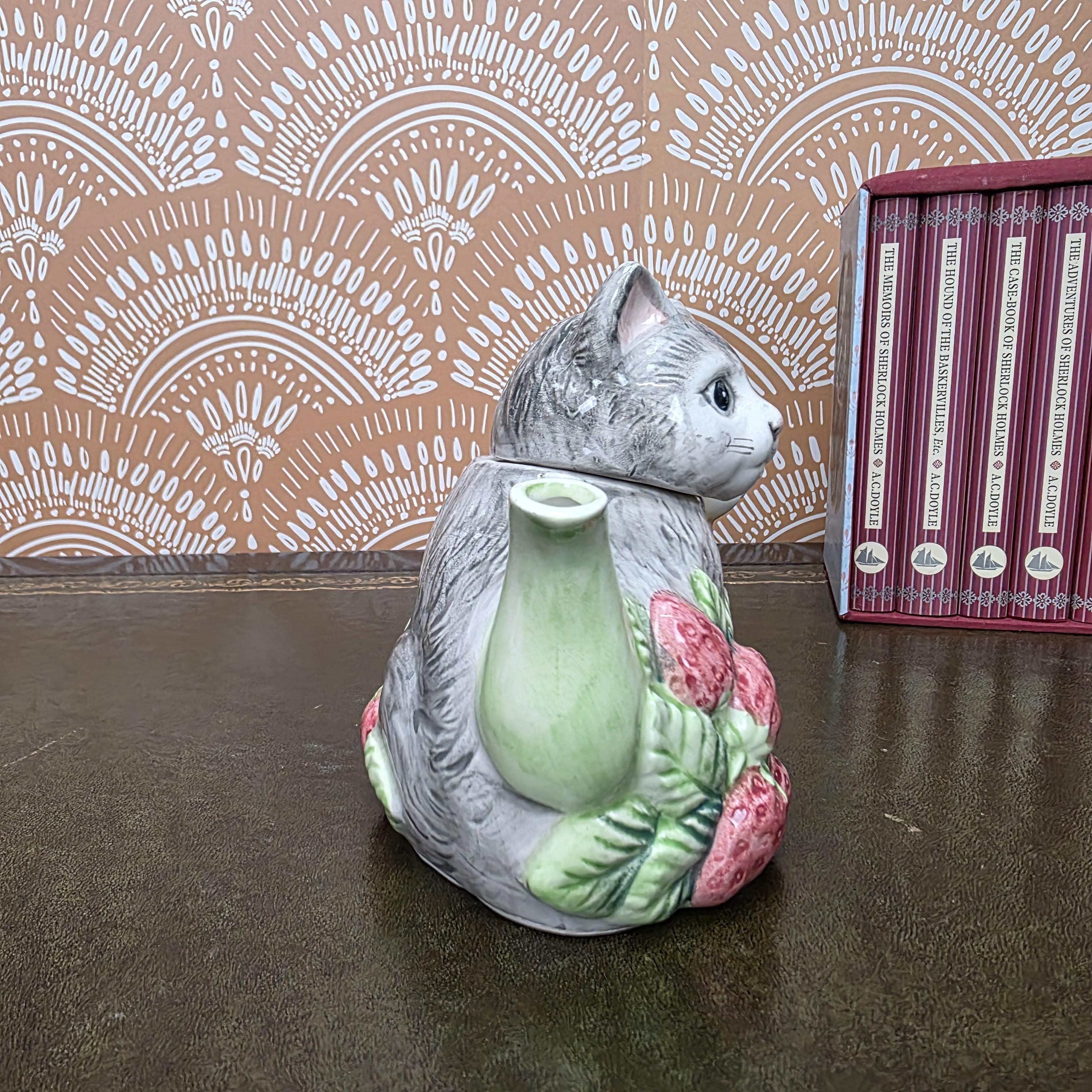 Vintage Ceramic Cat Teapot Strawberry Design Kittens Animal Cottagecore Kitchen Decor Collectible Piece