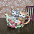Vintage Ceramic Cat Teapot Strawberry Design Kittens Animal Cottagecore Kitchen Decor Collectible Piece