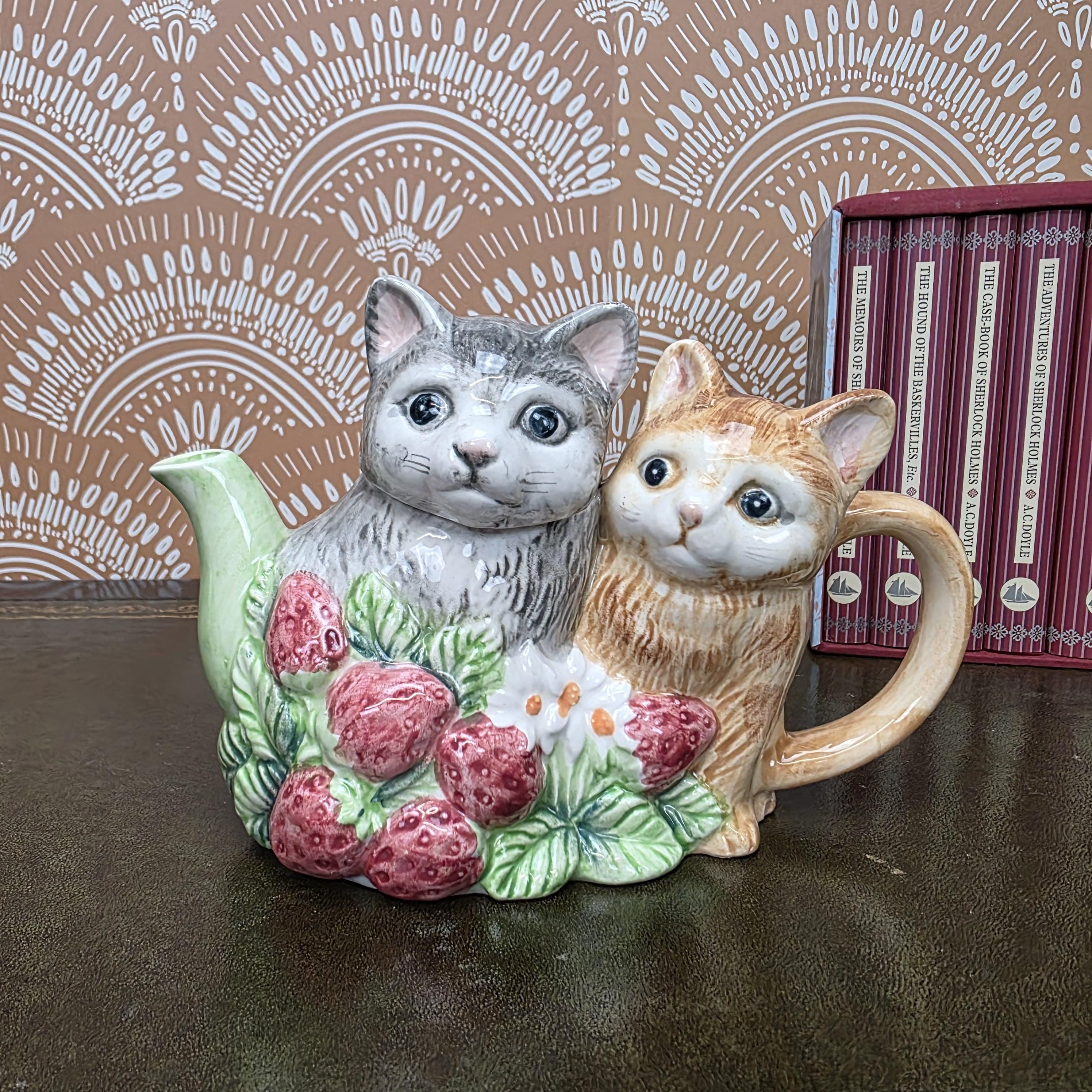Vintage Ceramic Cat Teapot Strawberry Design Kittens Animal Cottagecore Kitchen Decor Collectible Piece