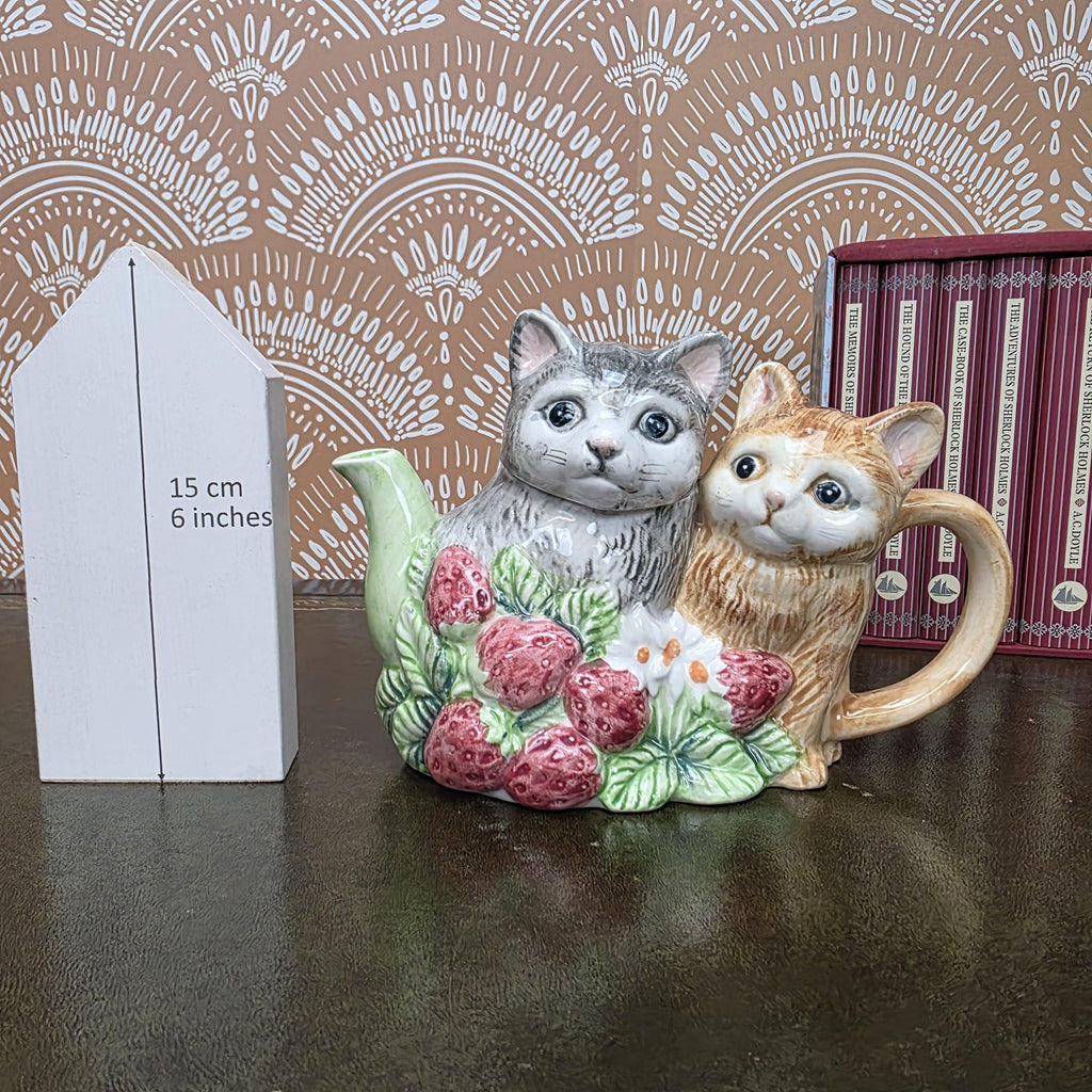 Vintage Ceramic Cat Teapot Strawberry Design Kittens Animal Cottagecore Kitchen Decor Collectible Piece