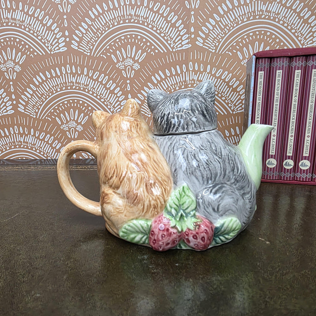 Vintage Ceramic Cat Teapot Strawberry Design Kittens Animal Cottagecore Kitchen Decor Collectible Piece