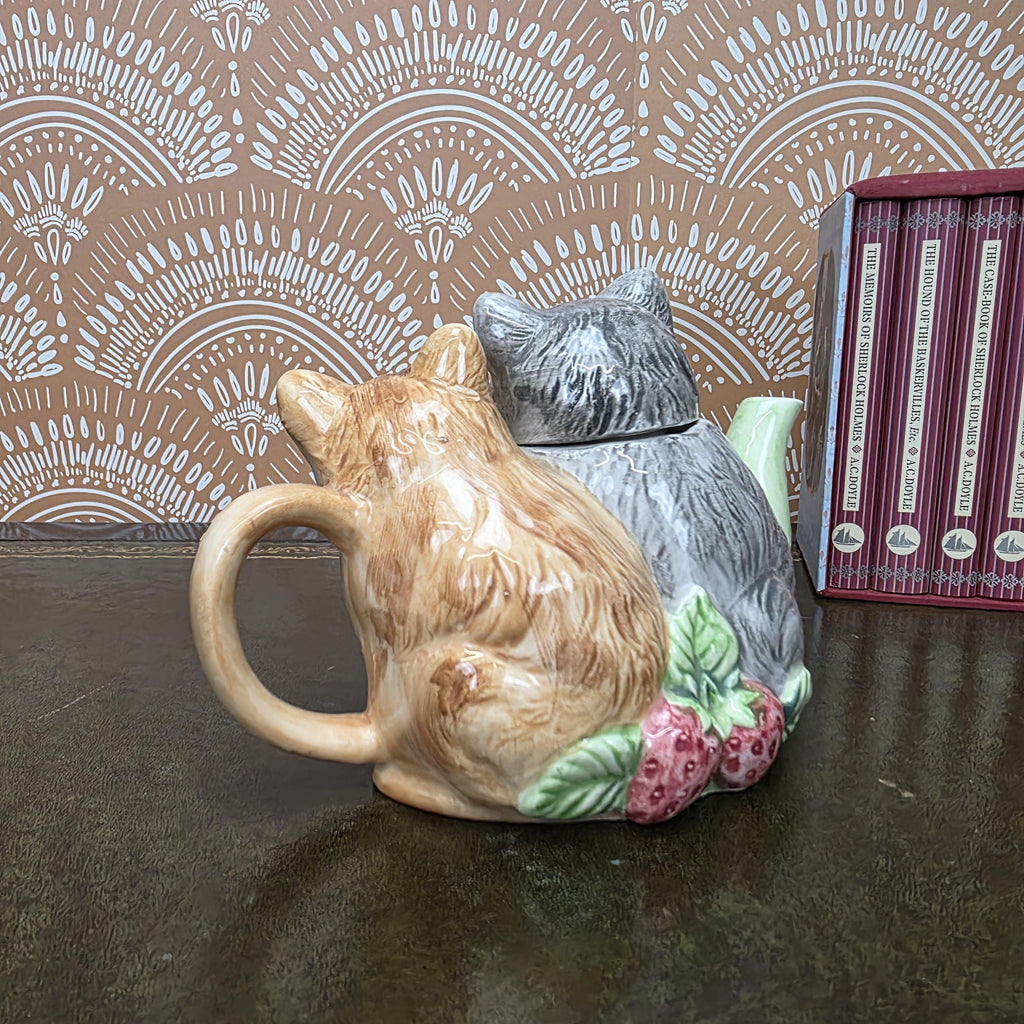 Vintage Ceramic Cat Teapot Strawberry Design Kittens Animal Cottagecore Kitchen Decor Collectible Piece