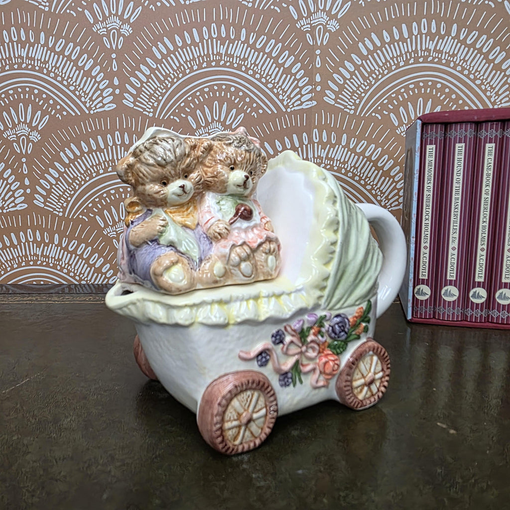 Vintage Baby Carriage Teapot Teddy Bear Ceramic Nursery Theme Collectible Novelty Kitchen Decor