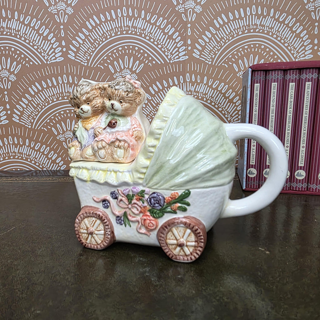 Vintage Baby Carriage Teapot Teddy Bear Ceramic Nursery Theme Collectible Novelty Kitchen Decor
