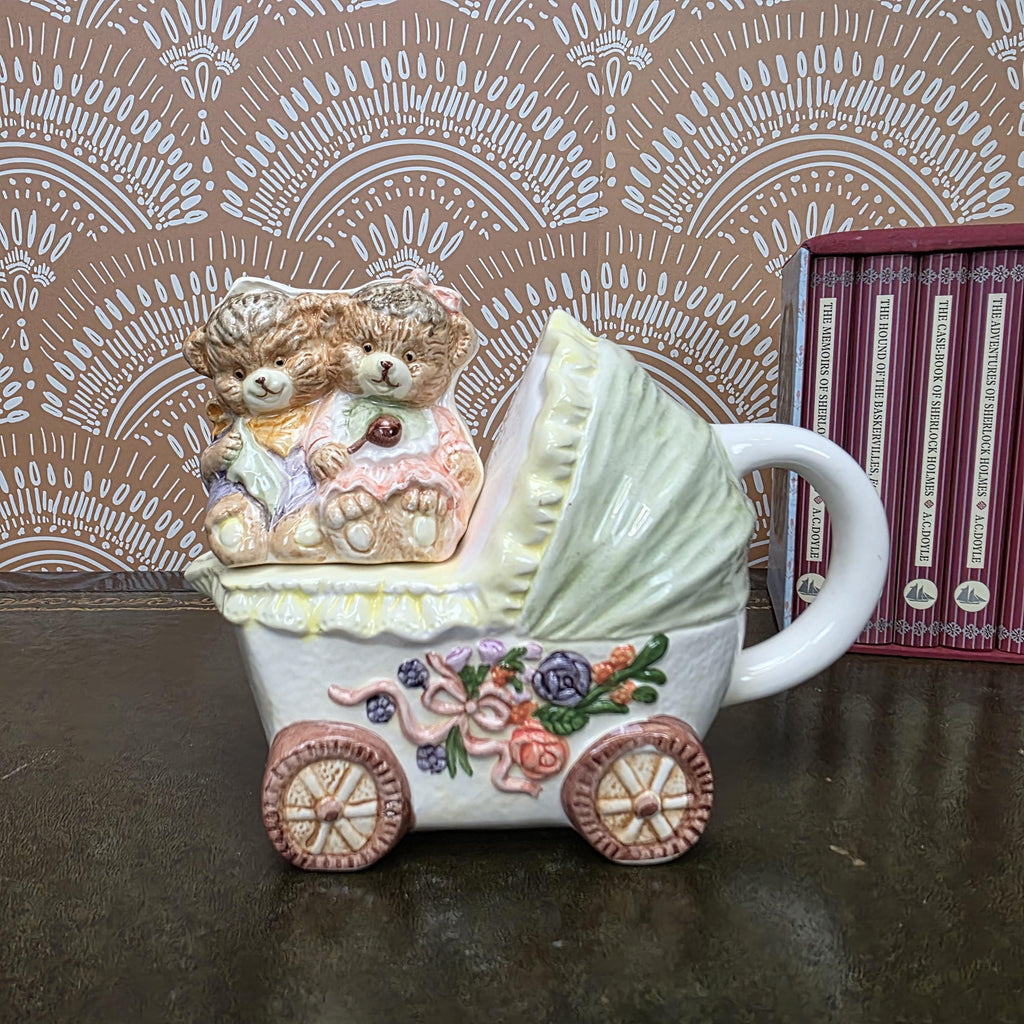 Vintage Baby Carriage Teapot Teddy Bear Ceramic Nursery Theme Collectible Novelty Kitchen Decor