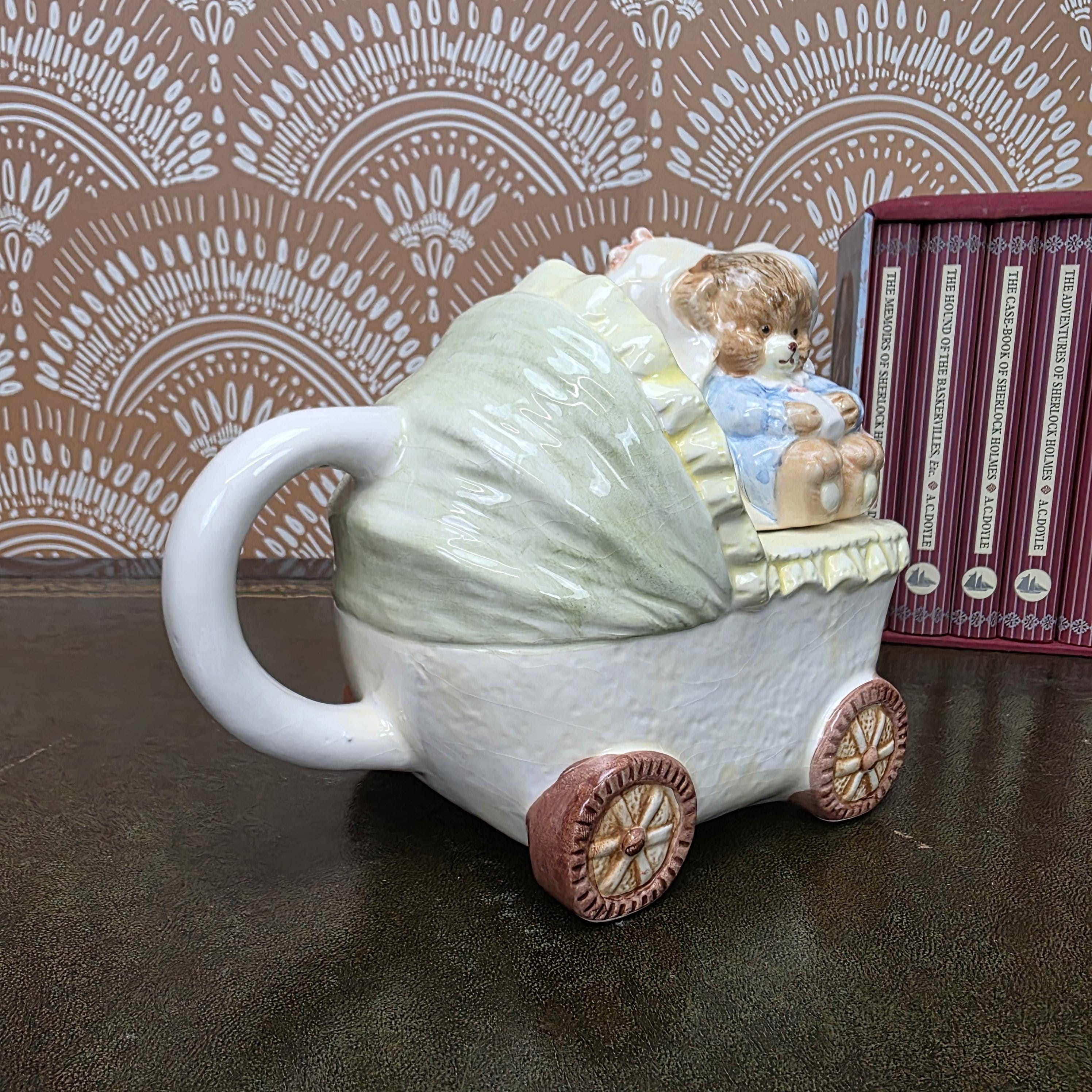 Vintage Baby Carriage Teapot Teddy Bear Ceramic Nursery Theme Collectible Novelty Kitchen Decor