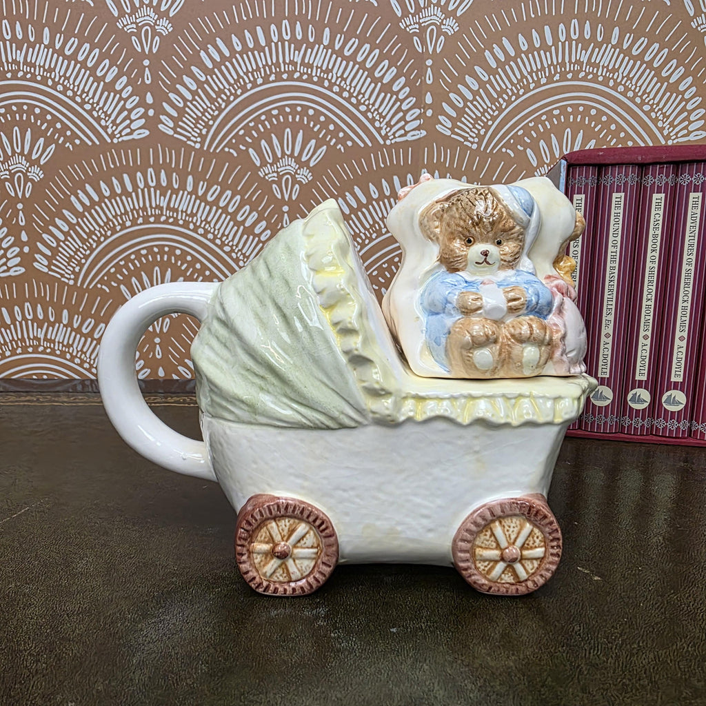 Vintage Baby Carriage Teapot Teddy Bear Ceramic Nursery Theme Collectible Novelty Kitchen Decor