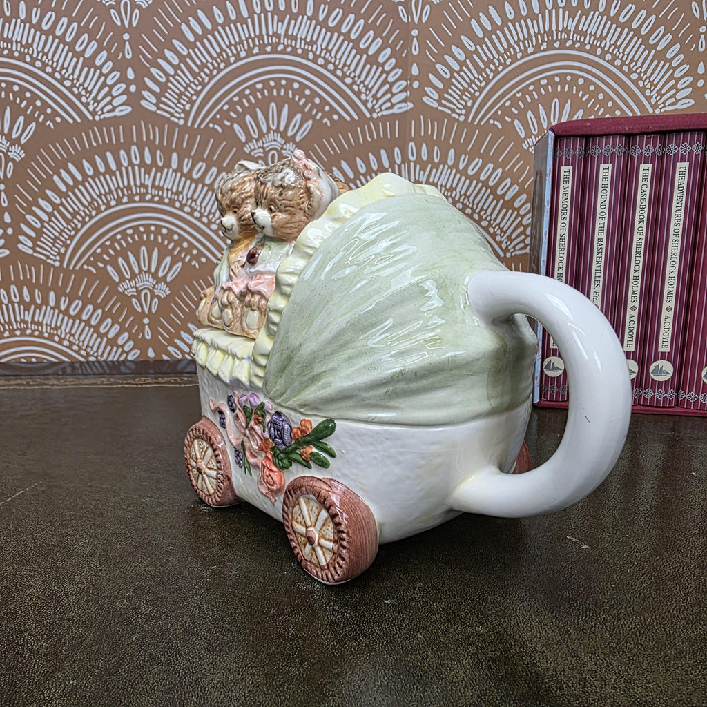 Vintage Baby Carriage Teapot Teddy Bear Ceramic Nursery Theme Collectible Novelty Kitchen Decor