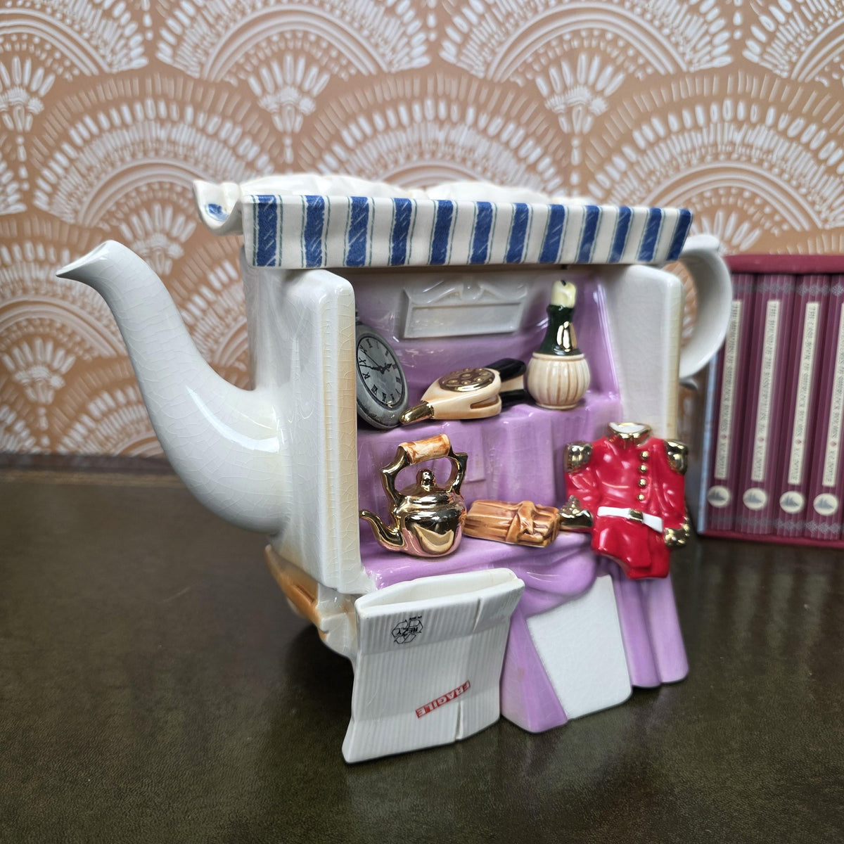 Vintage Novelty Teapot Market Stall Scene Ceramic Hand Painted Figurative Display Piece Collectible Kitchen