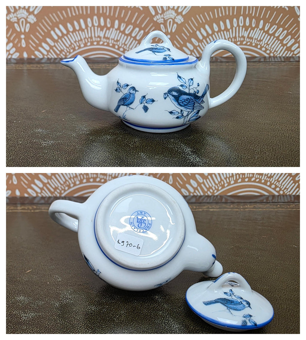 Miniature Porcelain Teapot Collection Porcelain Art Floral Blue Willow Bird Design Vintage Display Decor