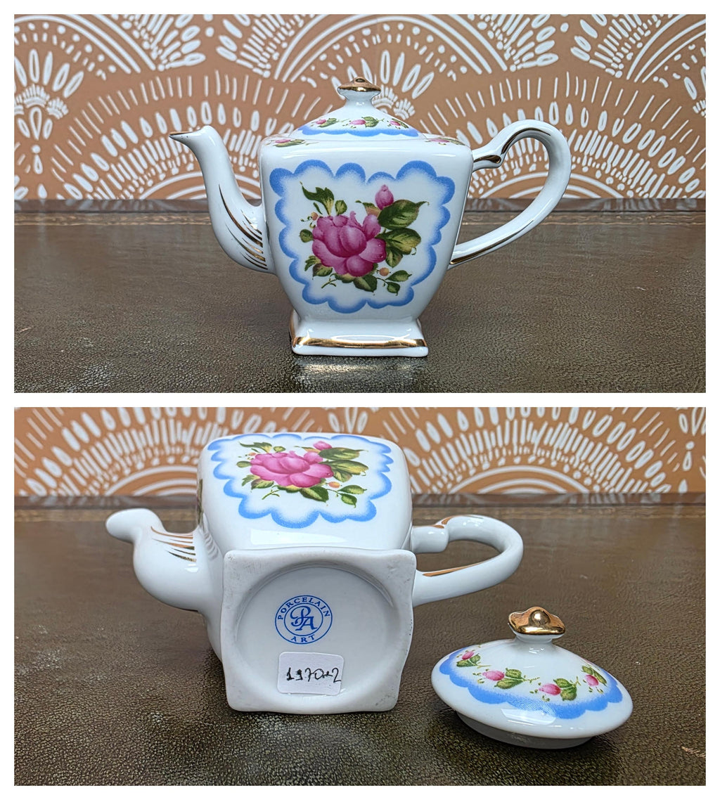 Miniature Porcelain Teapot Collection Porcelain Art Floral Blue Willow Bird Design Vintage Display Decor