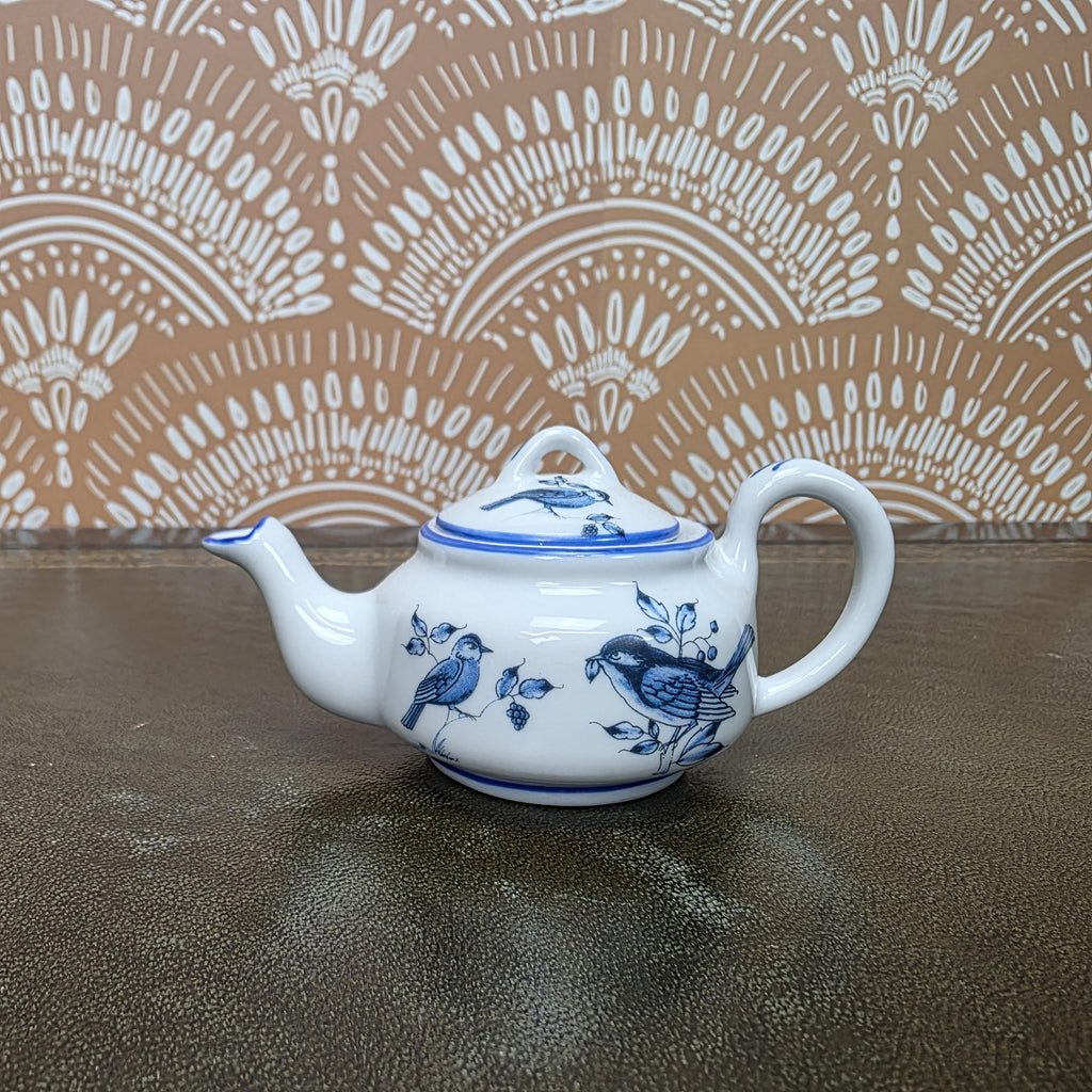 Miniature Porcelain Teapot Collection Porcelain Art Floral Blue Willow Bird Design Vintage Display Decor