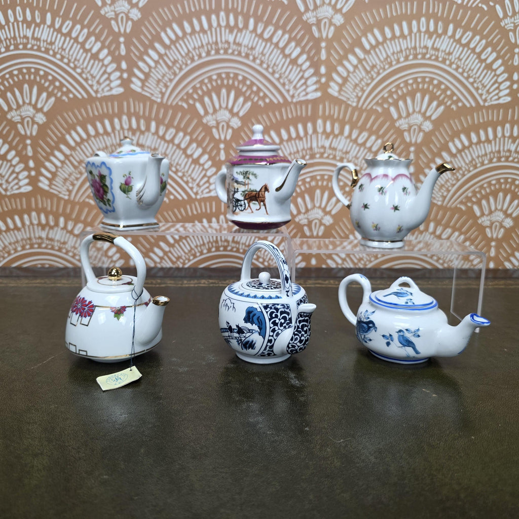 Miniature Porcelain Teapot Collection Porcelain Art Floral Blue Willow Bird Design Vintage Display Decor