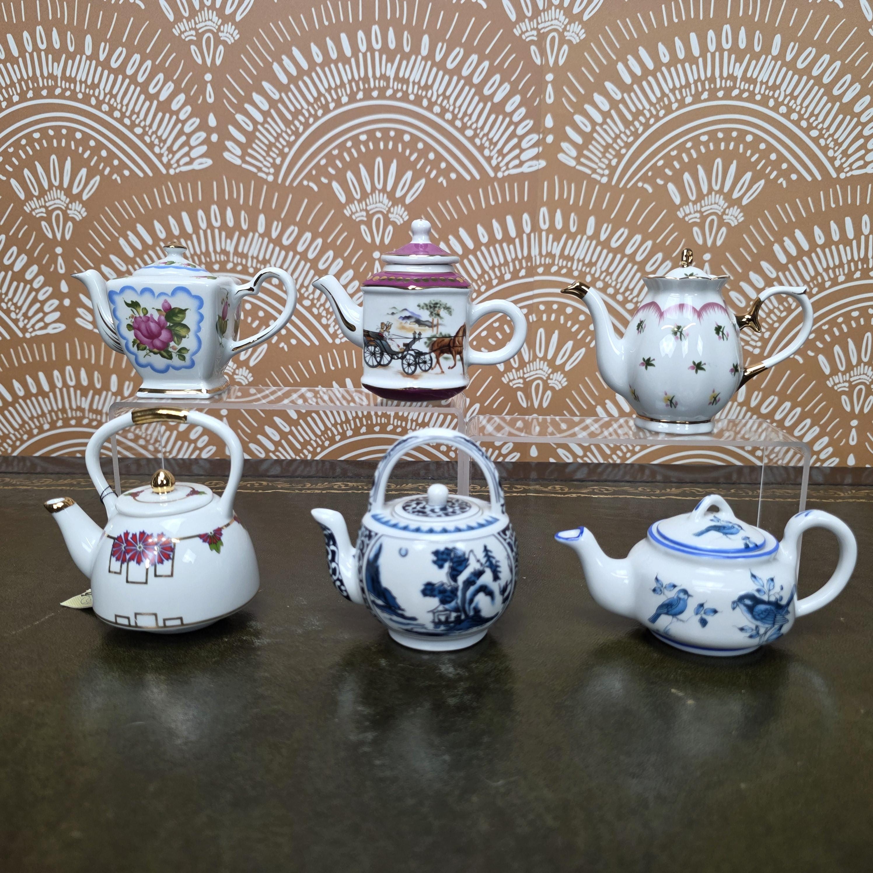 Miniature Porcelain Teapot Collection Porcelain Art Floral Blue Willow Bird Design Vintage Display Decor