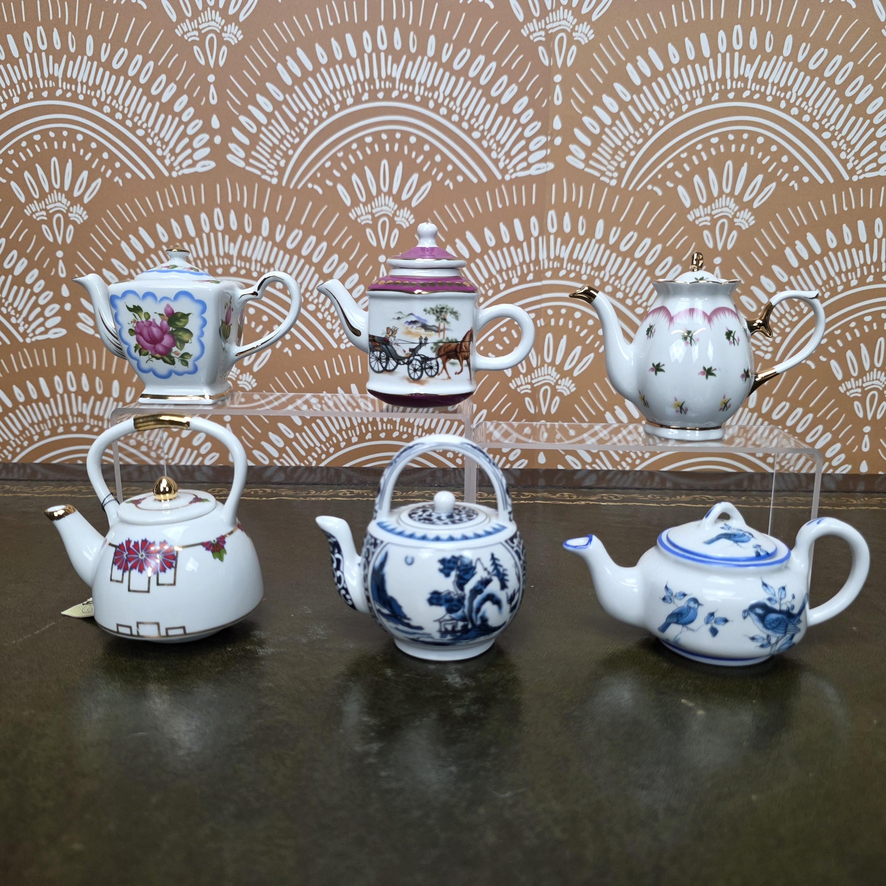 Miniature Porcelain Teapot Collection Porcelain Art Floral Blue Willow Bird Design Vintage Display Decor