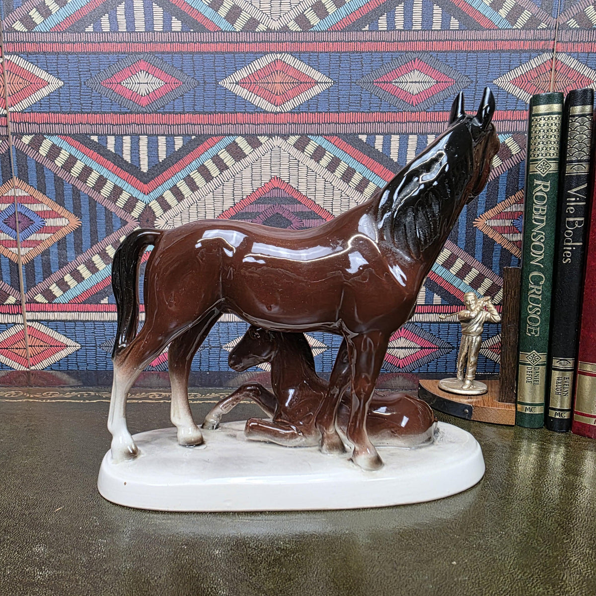 Vintage Porcelain Mare and Foal Figurine Brown Horse Family Sculpture Equestrian Decor Mid Century