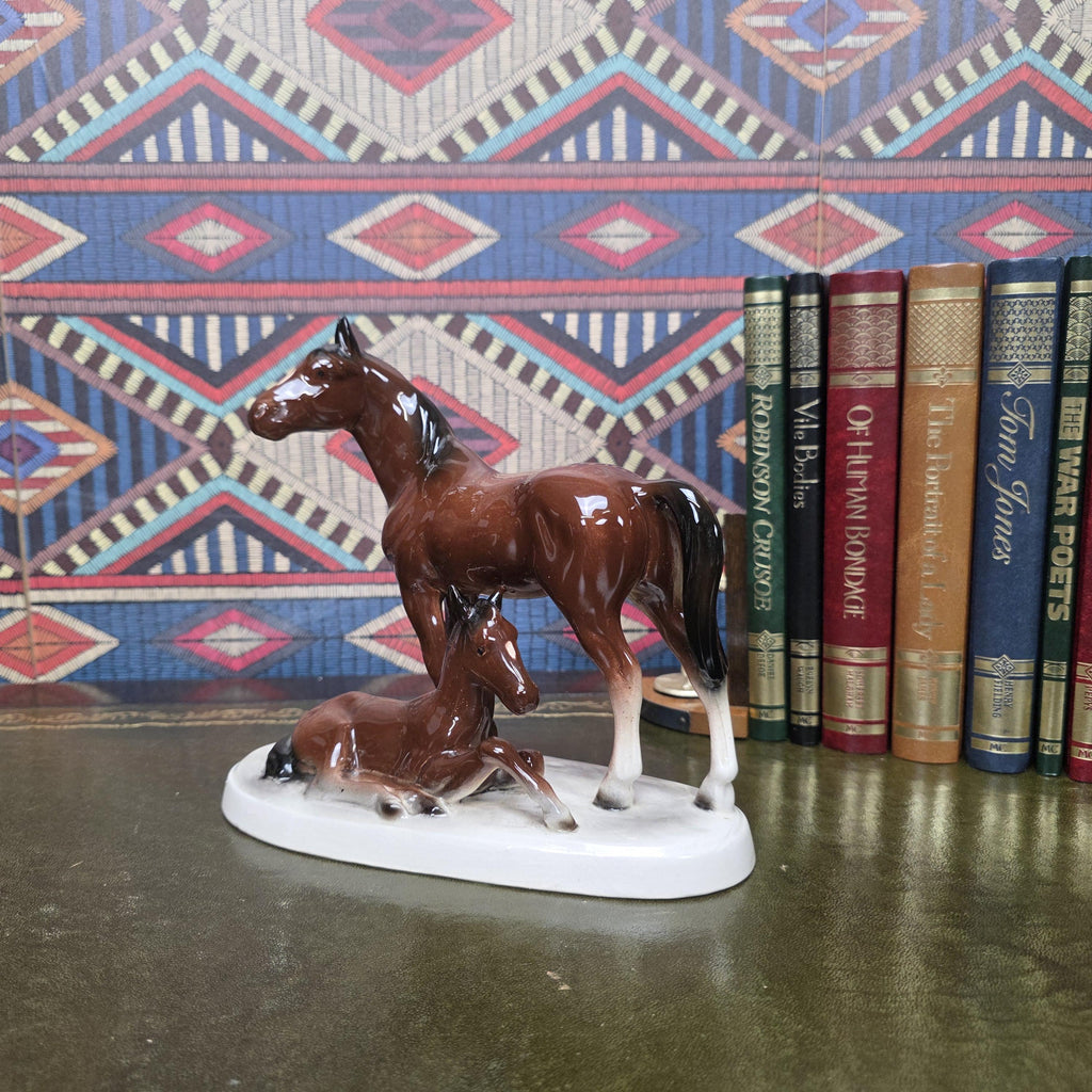 Vintage Porcelain Mare and Foal Figurine Brown Horse Family Sculpture Equestrian Decor Mid Century