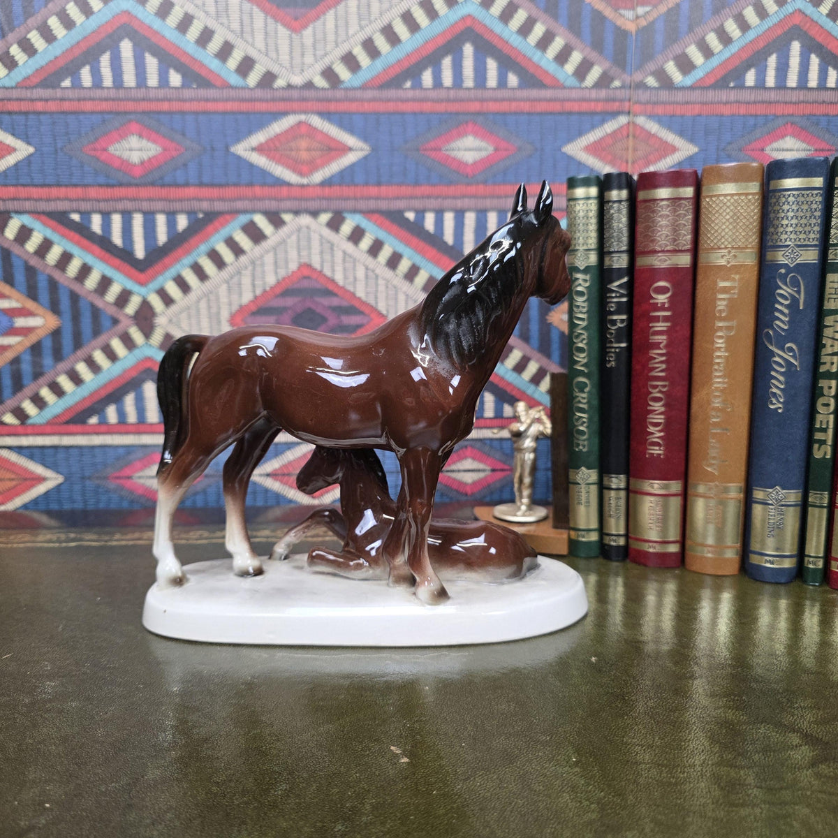 Vintage Porcelain Mare and Foal Figurine Brown Horse Family Sculpture Equestrian Decor Mid Century
