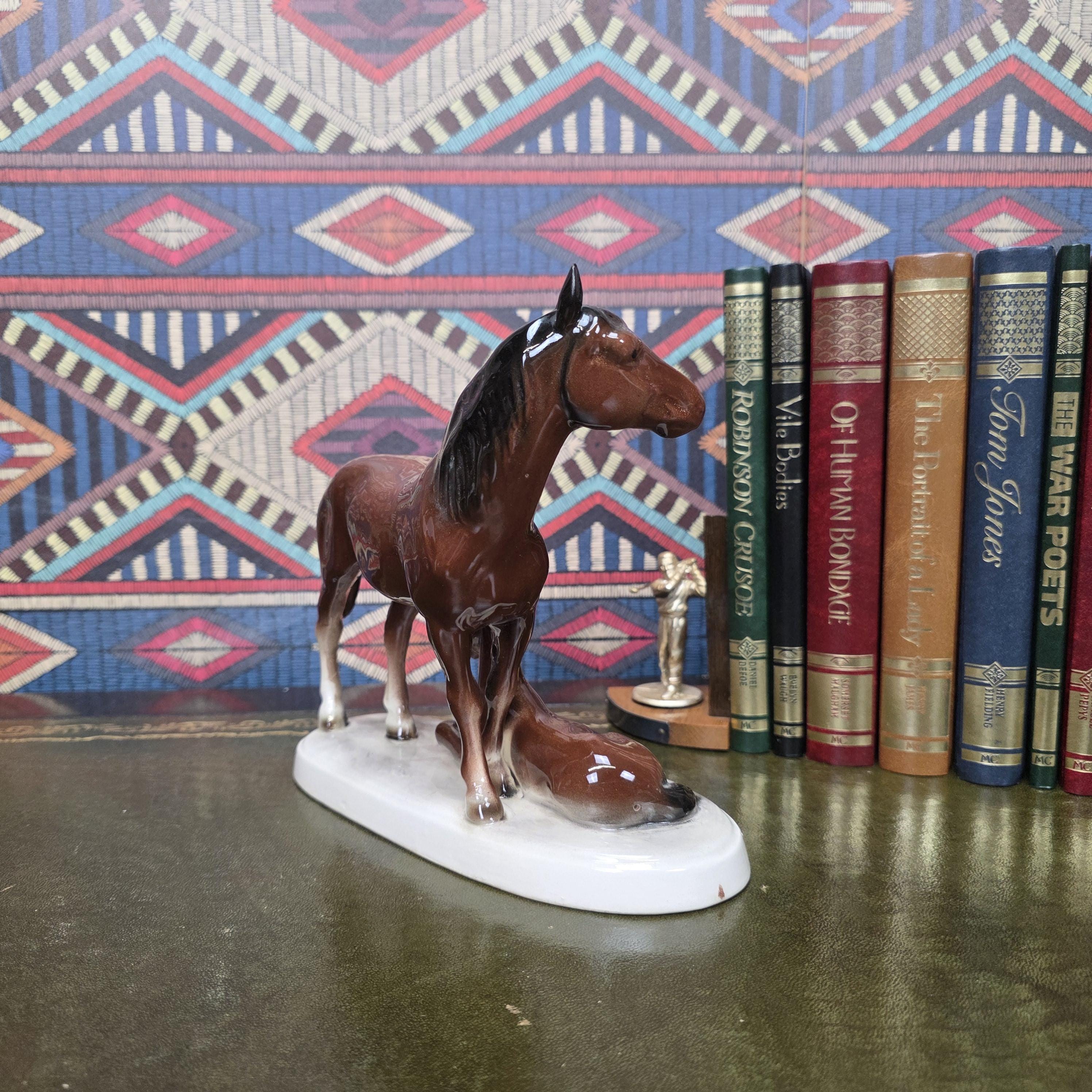 Vintage Porcelain Mare and Foal Figurine Brown Horse Family Sculpture Equestrian Decor Mid Century