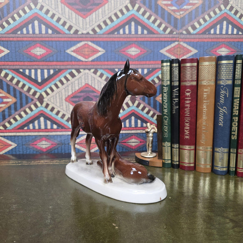 Vintage Porcelain Mare and Foal Figurine Brown Horse Family Sculpture Equestrian Decor Mid Century