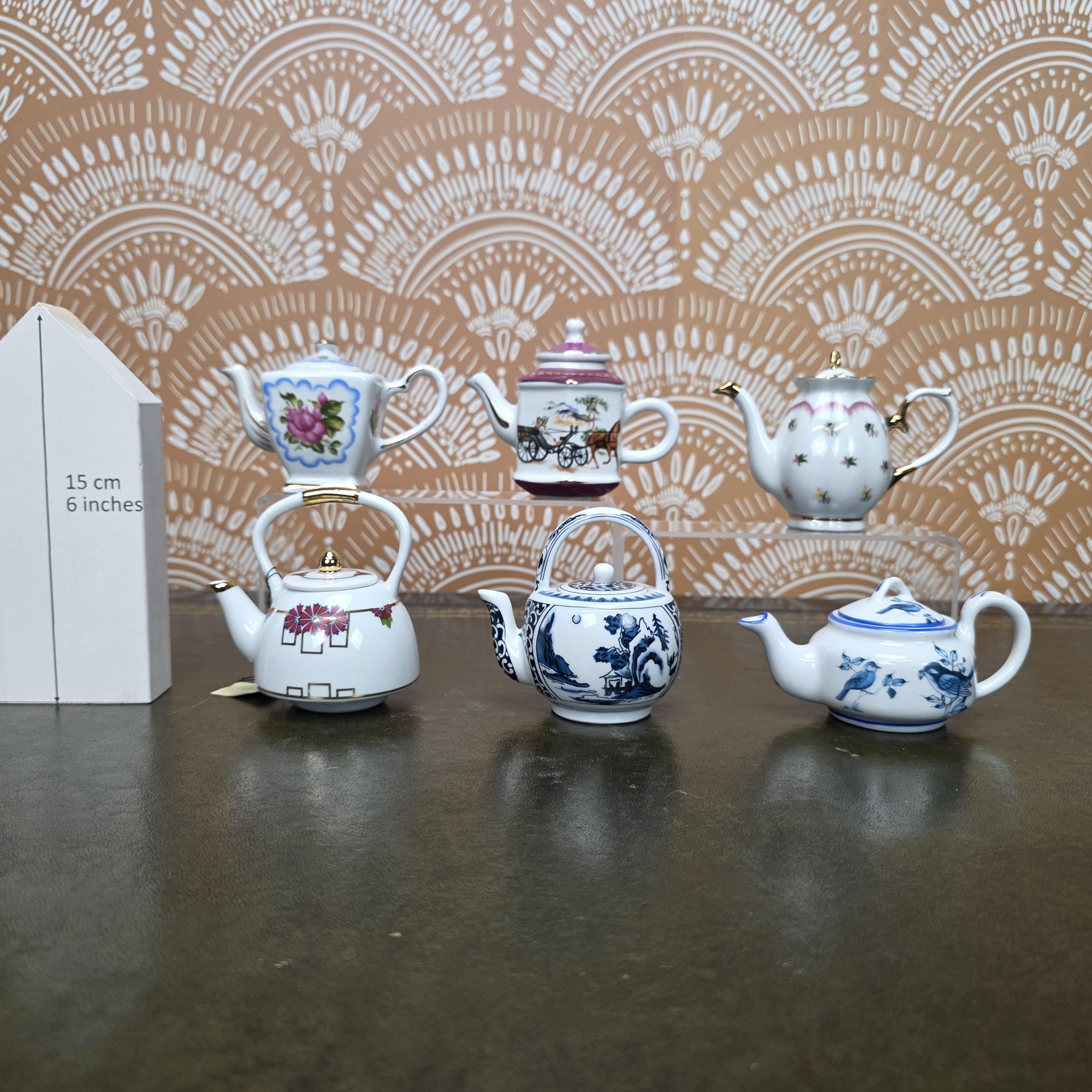 Miniature Porcelain Teapot Collection Porcelain Art Floral Blue Willow Bird Design Vintage Display Decor