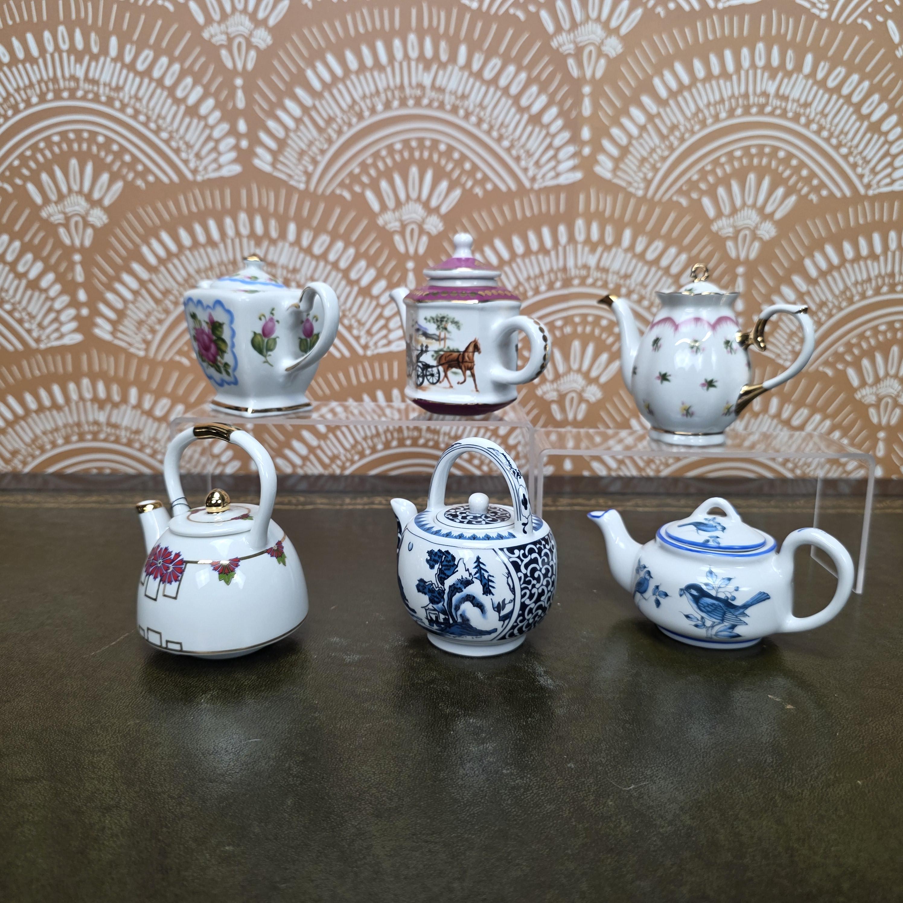 Miniature Porcelain Teapot Collection Porcelain Art Floral Blue Willow Bird Design Vintage Display Decor