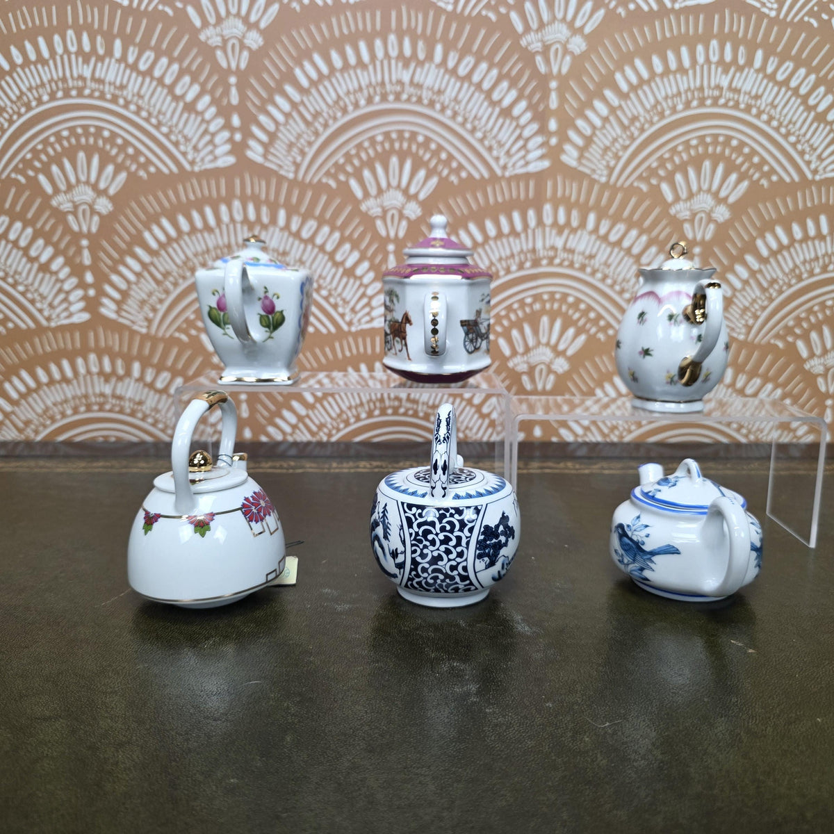 Miniature Porcelain Teapot Collection Porcelain Art Floral Blue Willow Bird Design Vintage Display Decor