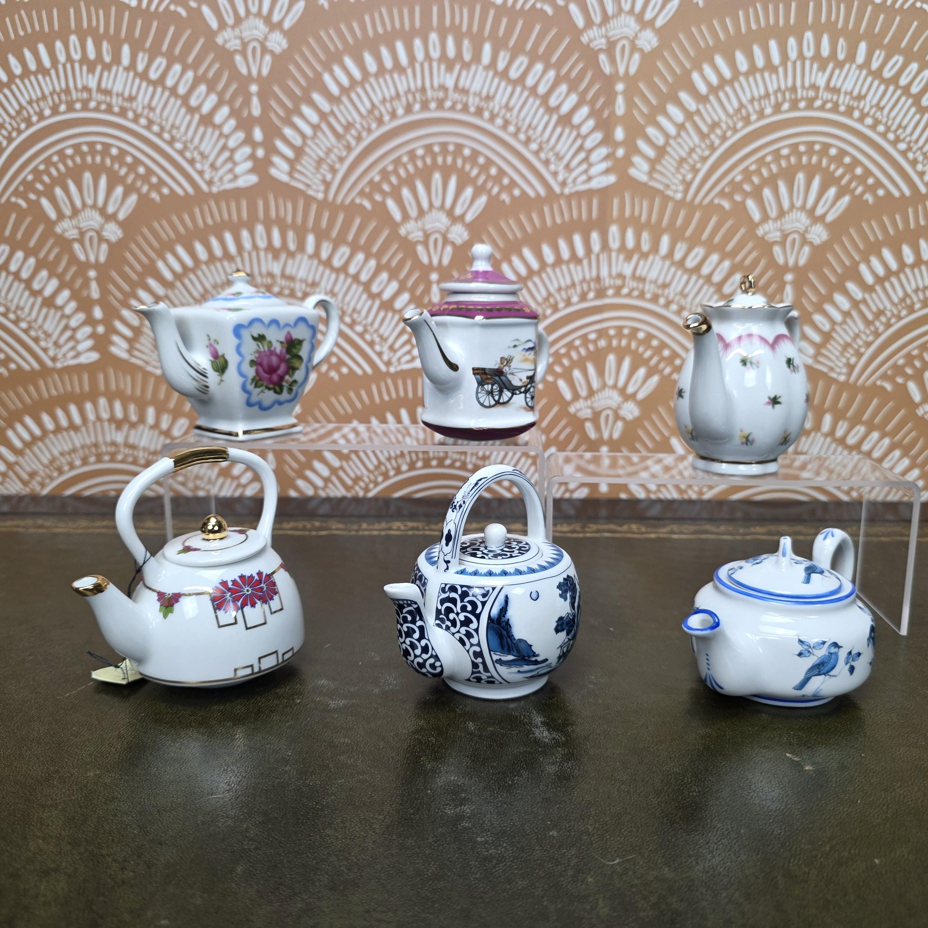 Miniature Porcelain Teapot Collection Porcelain Art Floral Blue Willow Bird Design Vintage Display Decor