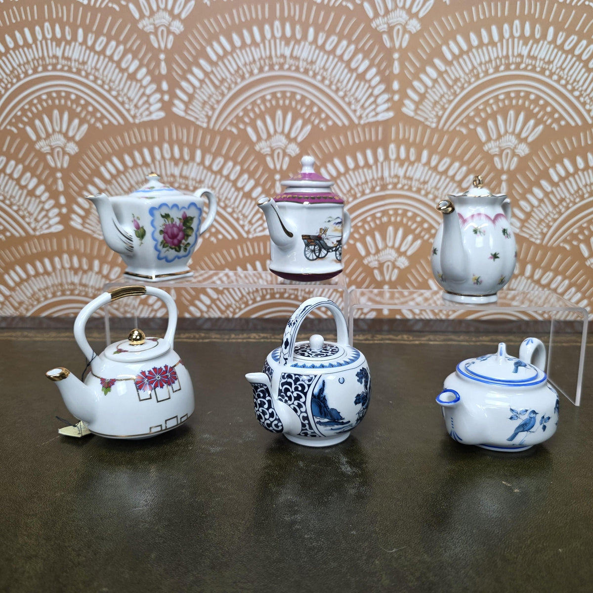 Miniature Porcelain Teapot Collection Porcelain Art Floral Blue Willow Bird Design Vintage Display Decor