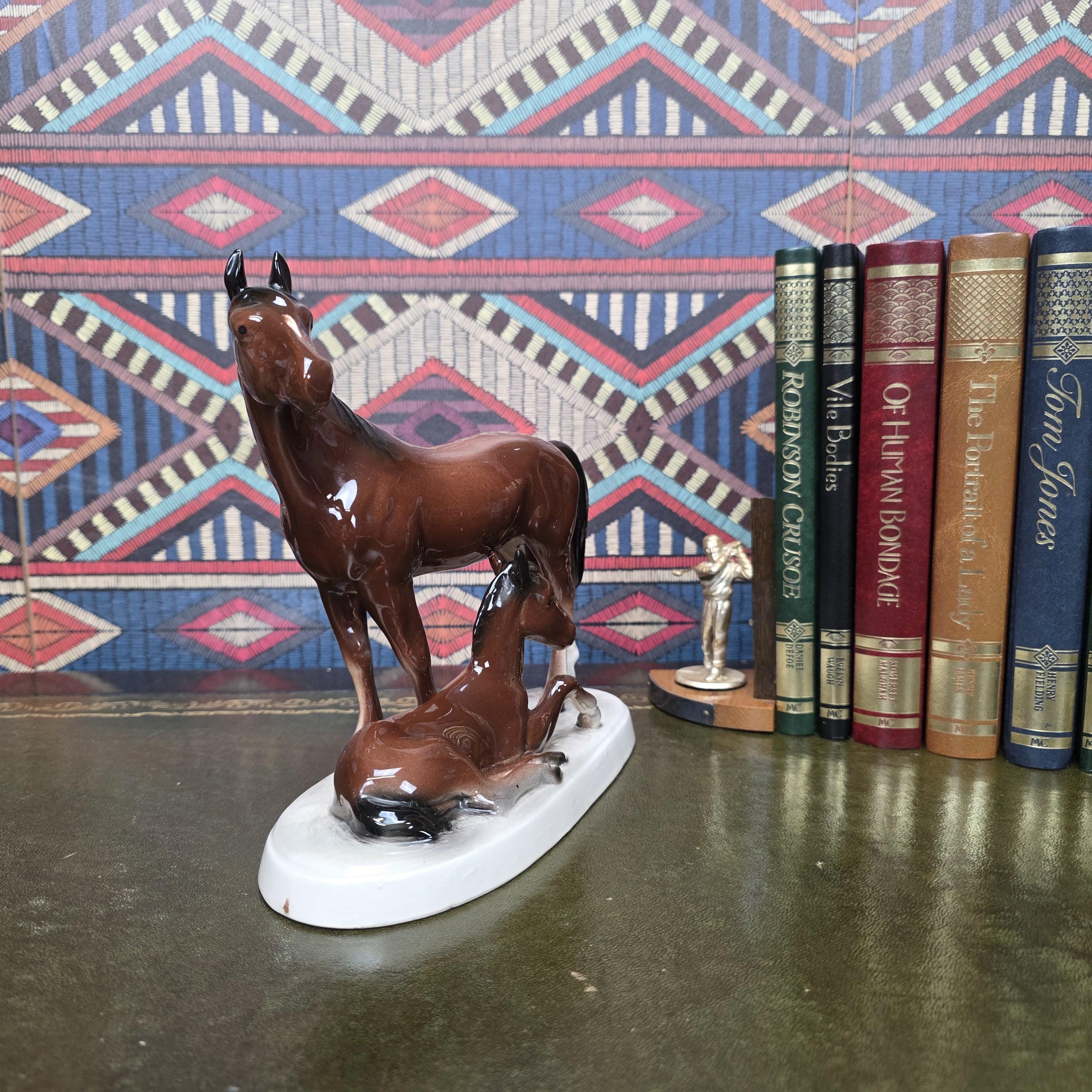 Vintage Porcelain Mare and Foal Figurine Brown Horse Family Sculpture Equestrian Decor Mid Century