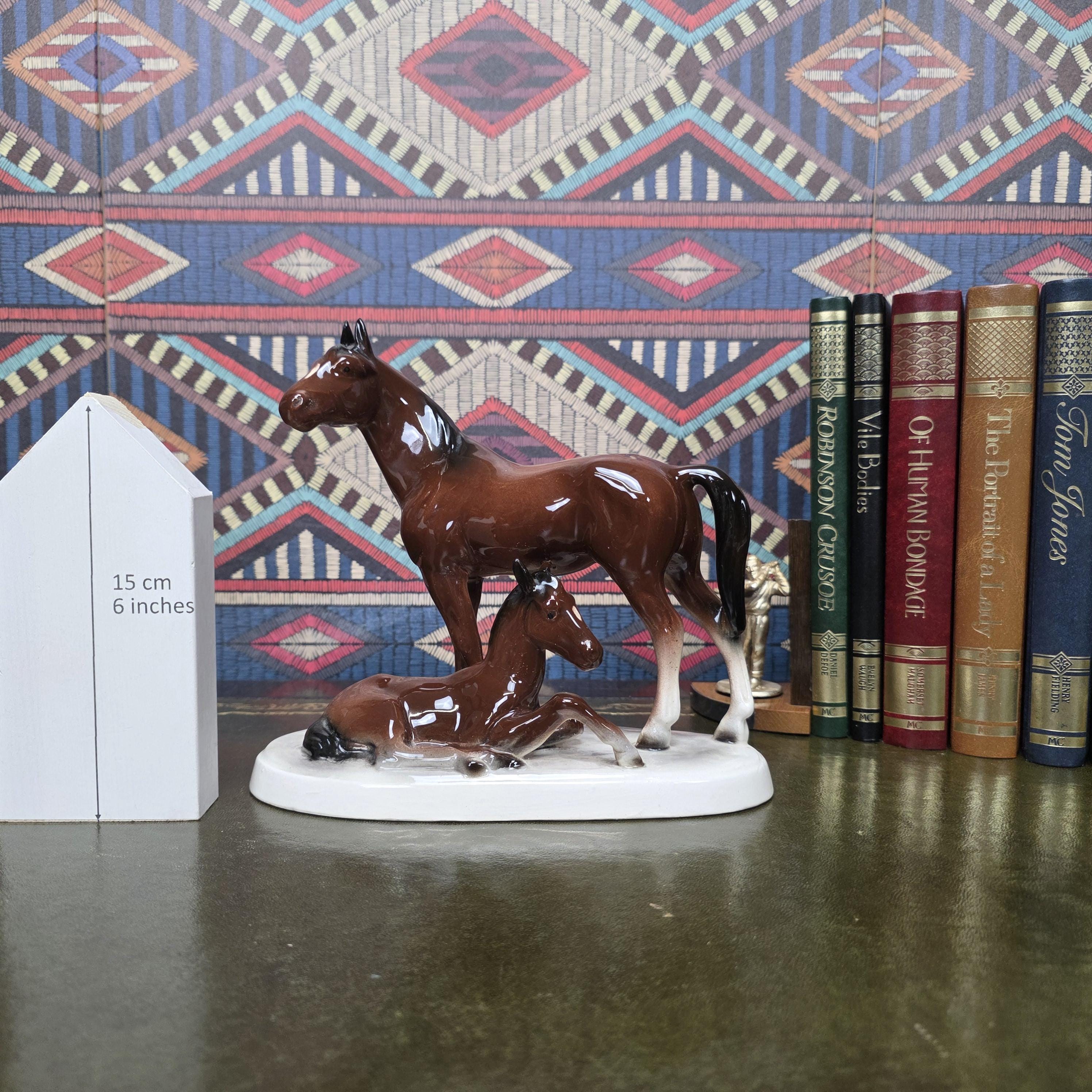 Vintage Porcelain Mare and Foal Figurine Brown Horse Family Sculpture Equestrian Decor Mid Century